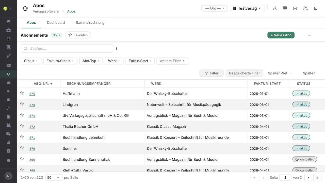 Modul Abos in open.junixx: Abonnement-Liste mit Nummer, Rechnungsempfänger, Werk, Faktur-Start und Status