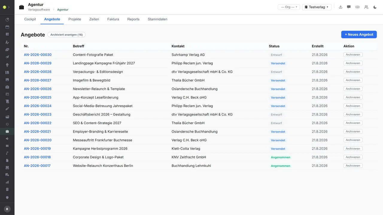 Modul Agentur in open.junixx: Angebotsliste mit Nummer, Betreff, Kontakt, Status und Erstelldatum
