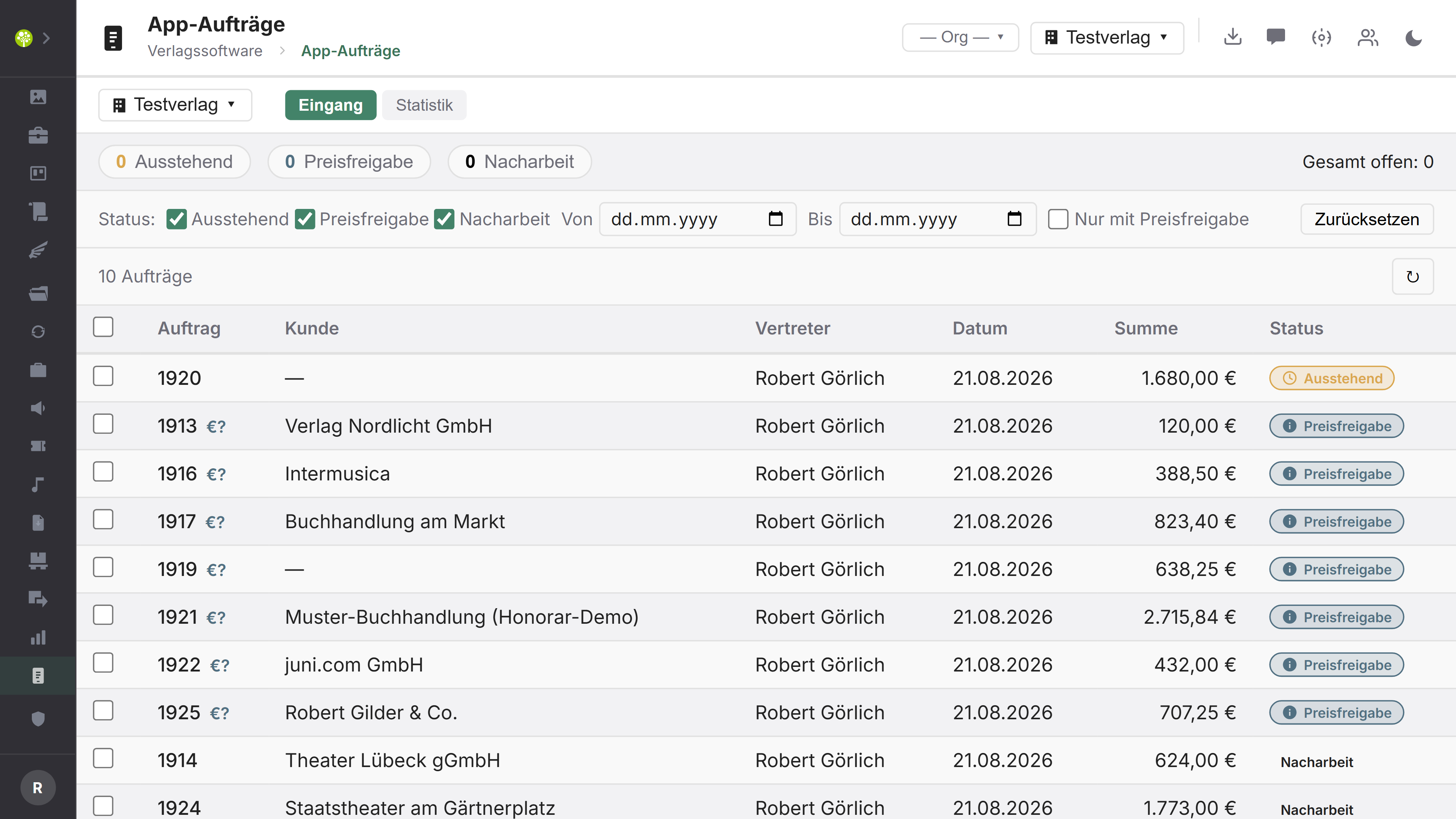 Modul App-Aufträge in open.junixx: Eingangsliste mit Auftrag, Kunde, Vertreter, Datum, Summe und Status