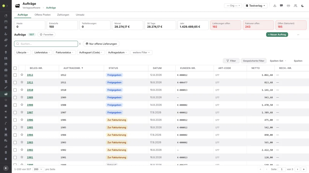 Modulo ordini in open.junixx: elenco degli ordini con tessere di indicatori, filtri e colonne per n. documento, stato, cliente e netto