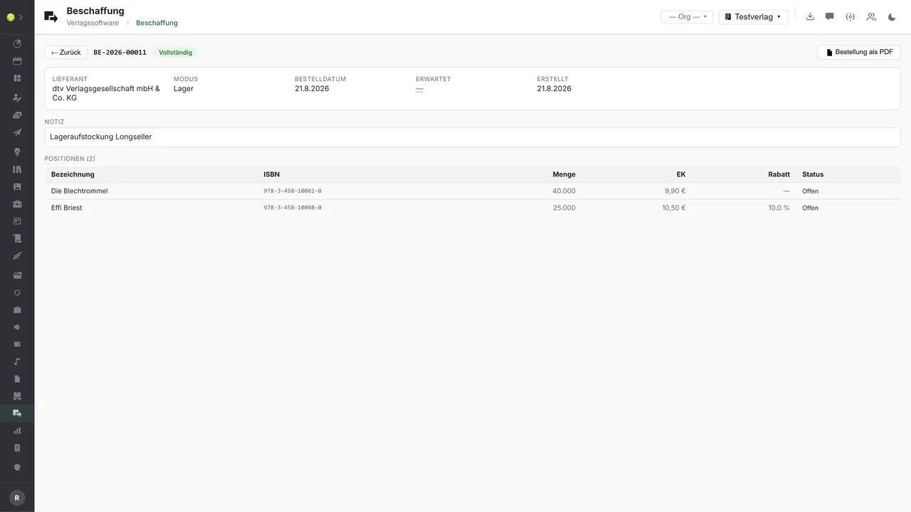Módulo compras en open.junixx: pedido con proveedor, modo, fecha de pedido, nota y las posiciones con ISBN, cantidad, precio de compra y descuento