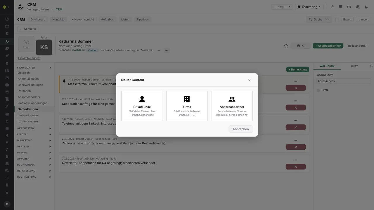 Module CRM in open.junixx: dialoog “Nieuw contact” met de keuze tussen particuliere klant, bedrijf en contactpersoon