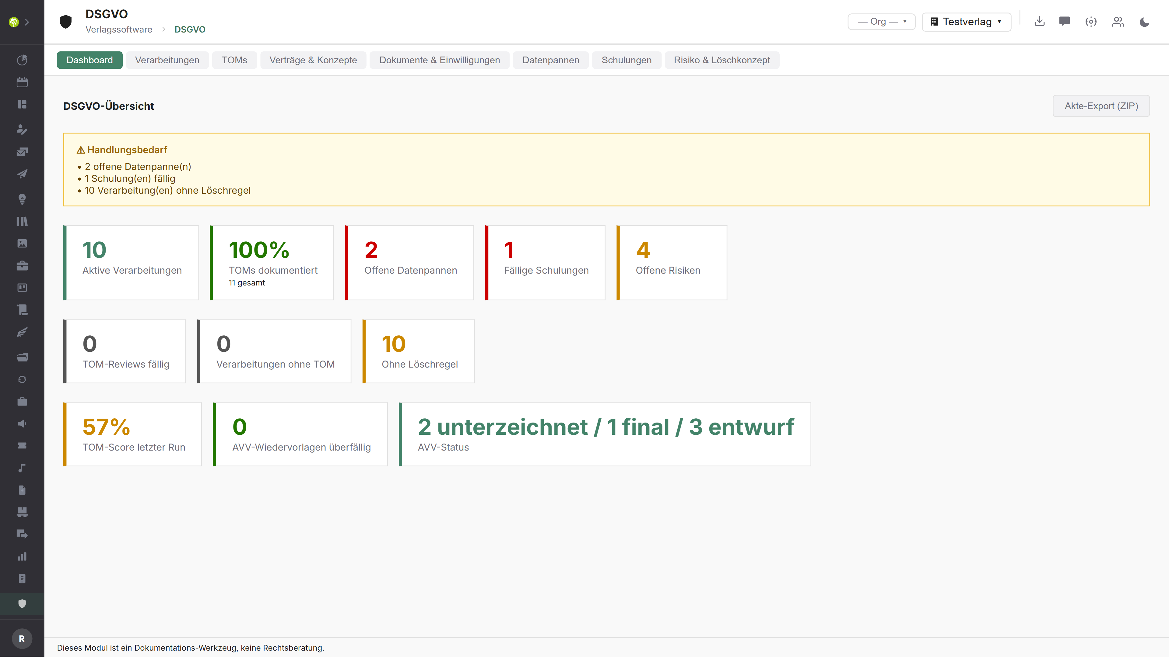 Modul DSGVO in open.junixx: Dashboard mit Handlungsbedarf-Box, Kennzahlen zu Verarbeitungen, Maßnahmen, Datenpannen und Risiken sowie Akte-Export