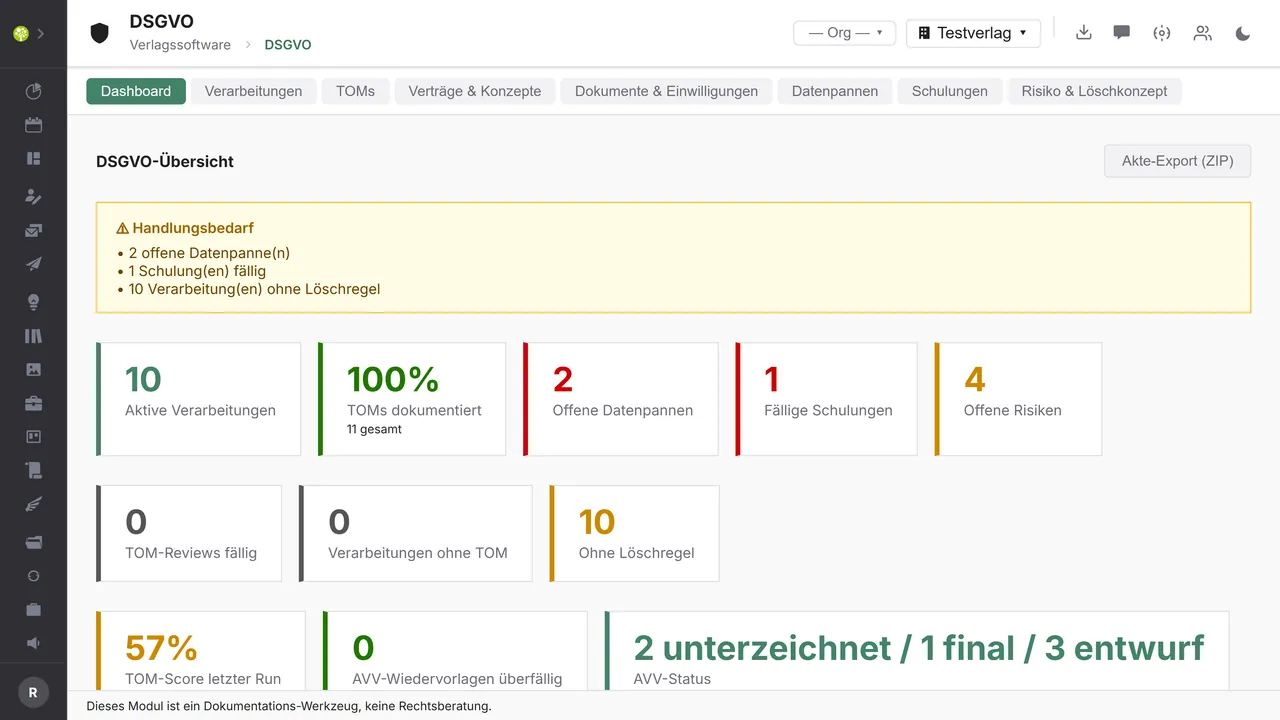 Modulo GDPR in open.junixx: dashboard con il riquadro degli interventi necessari e indicatori su trattamenti, misure e violazioni dei dati