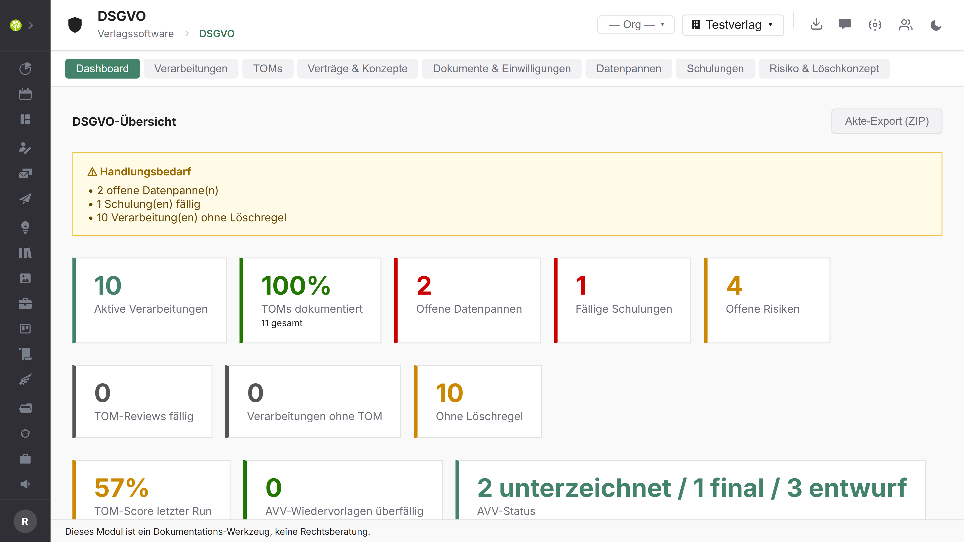 Modul DSGVO in open.junixx: Dashboard mit Handlungsbedarf-Box und Kennzahlen zu Verarbeitungen, Maßnahmen und Datenpannen