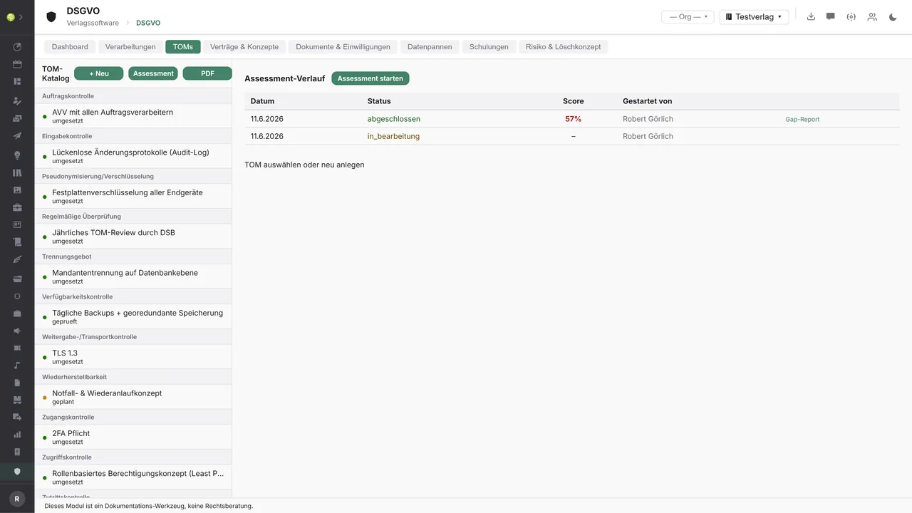 Modul DSGVO in open.junixx: TOM-Katalog nach Kontrollarten mit Ampel je Maßnahme und Assessment-Verlauf mit Score und Gap-Report