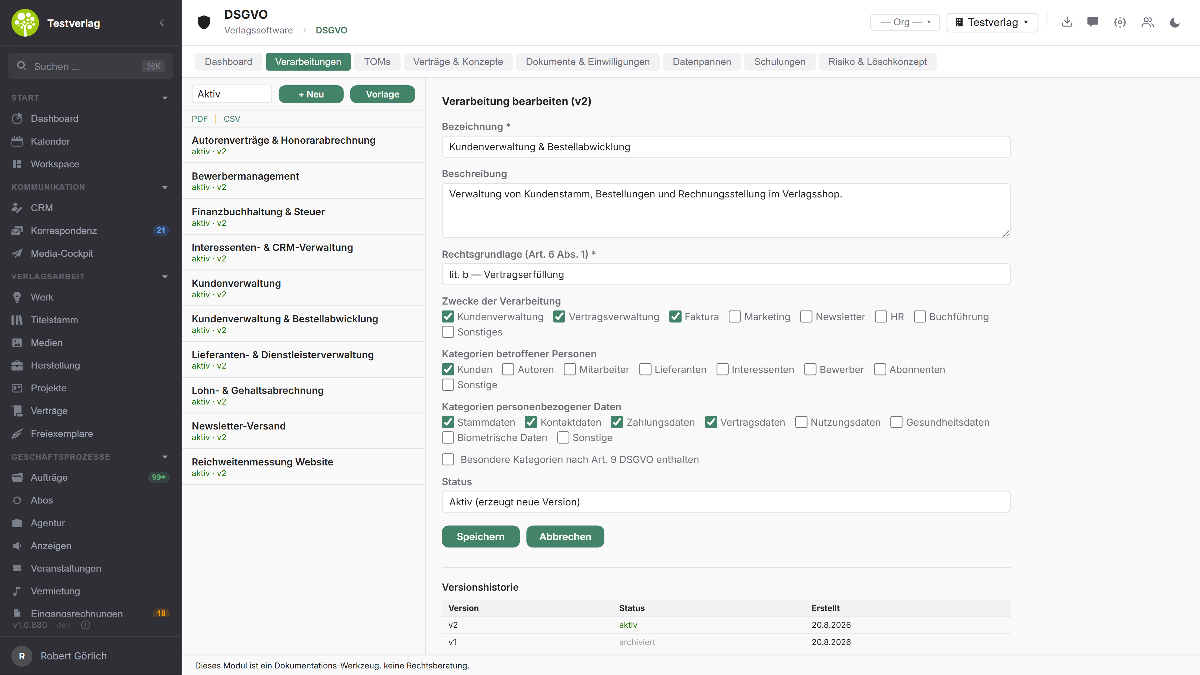 Modul DSGVO in open.junixx: Verarbeitungsverzeichnis mit Liste links und Formular rechts, darin Rechtsgrundlage, Zwecke und Datenkategorien