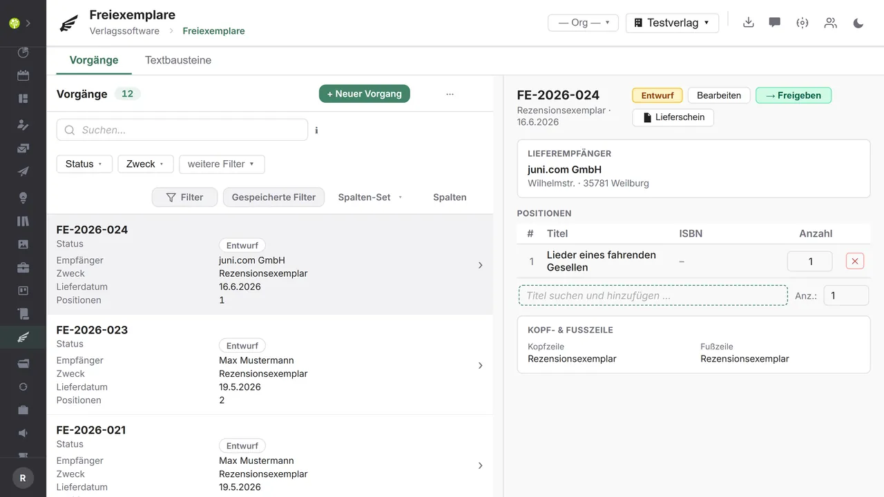 Complimentary copies module in open.junixx: on the left the overview of the cases, on the right the detail view of a case with recipient, items and a header and footer