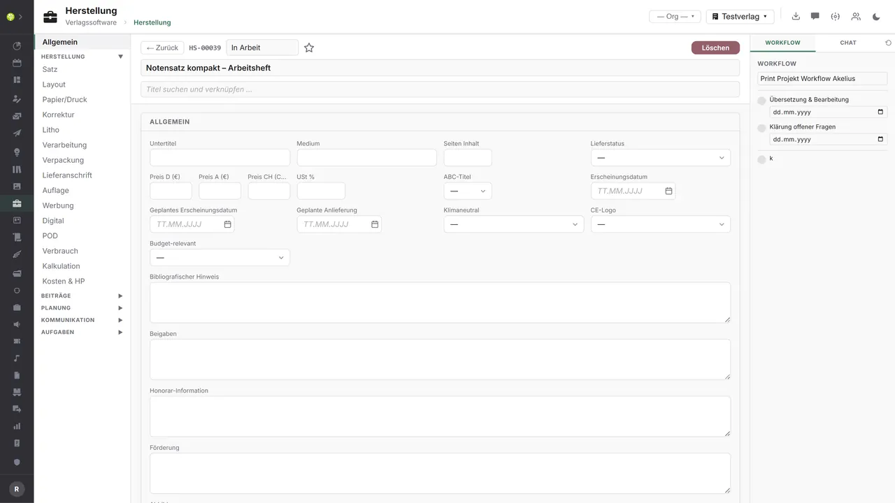 Modul výroba v open.junixx: podrobný pohled na projekt s navigací karet, obecnými údaji a panelem workflow