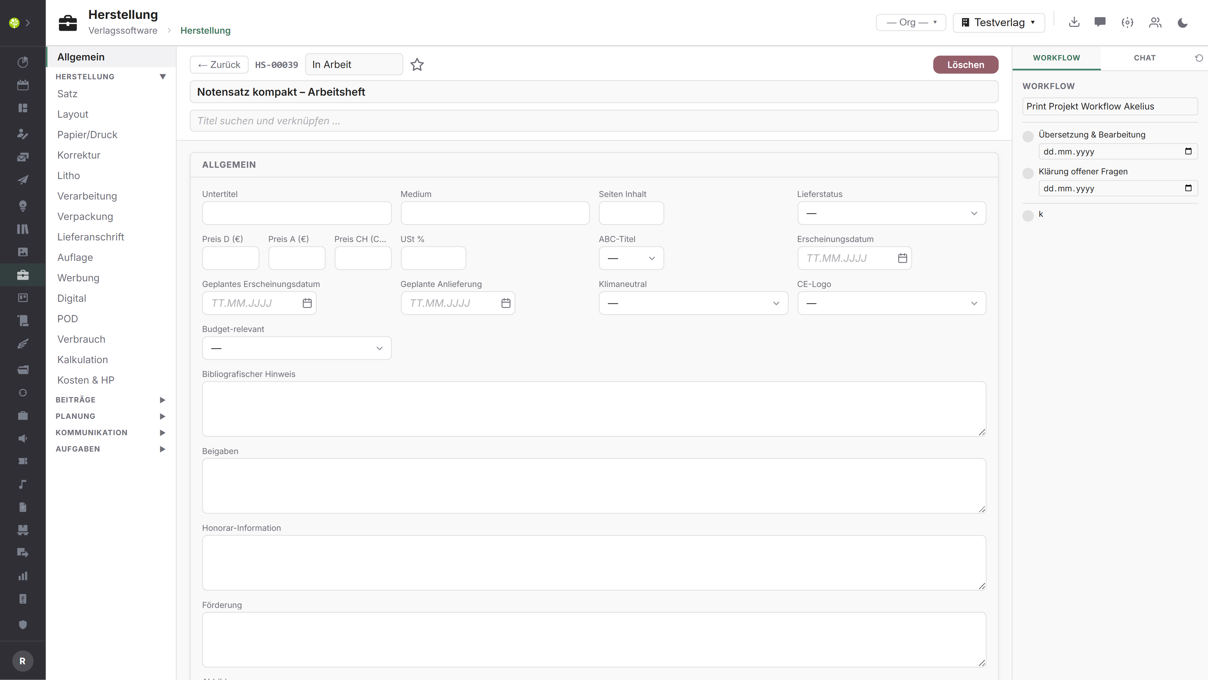 Modul Herstellung in open.junixx: Projektdetailansicht mit Reiter-Navigation, allgemeinen Angaben und Workflow-Panel