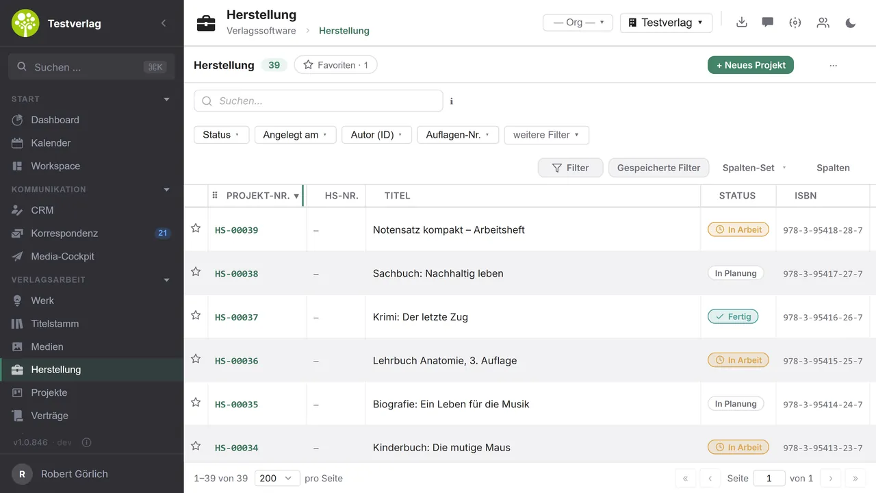 Production module in open.junixx: project list with project number, title, status, ISBN and filters