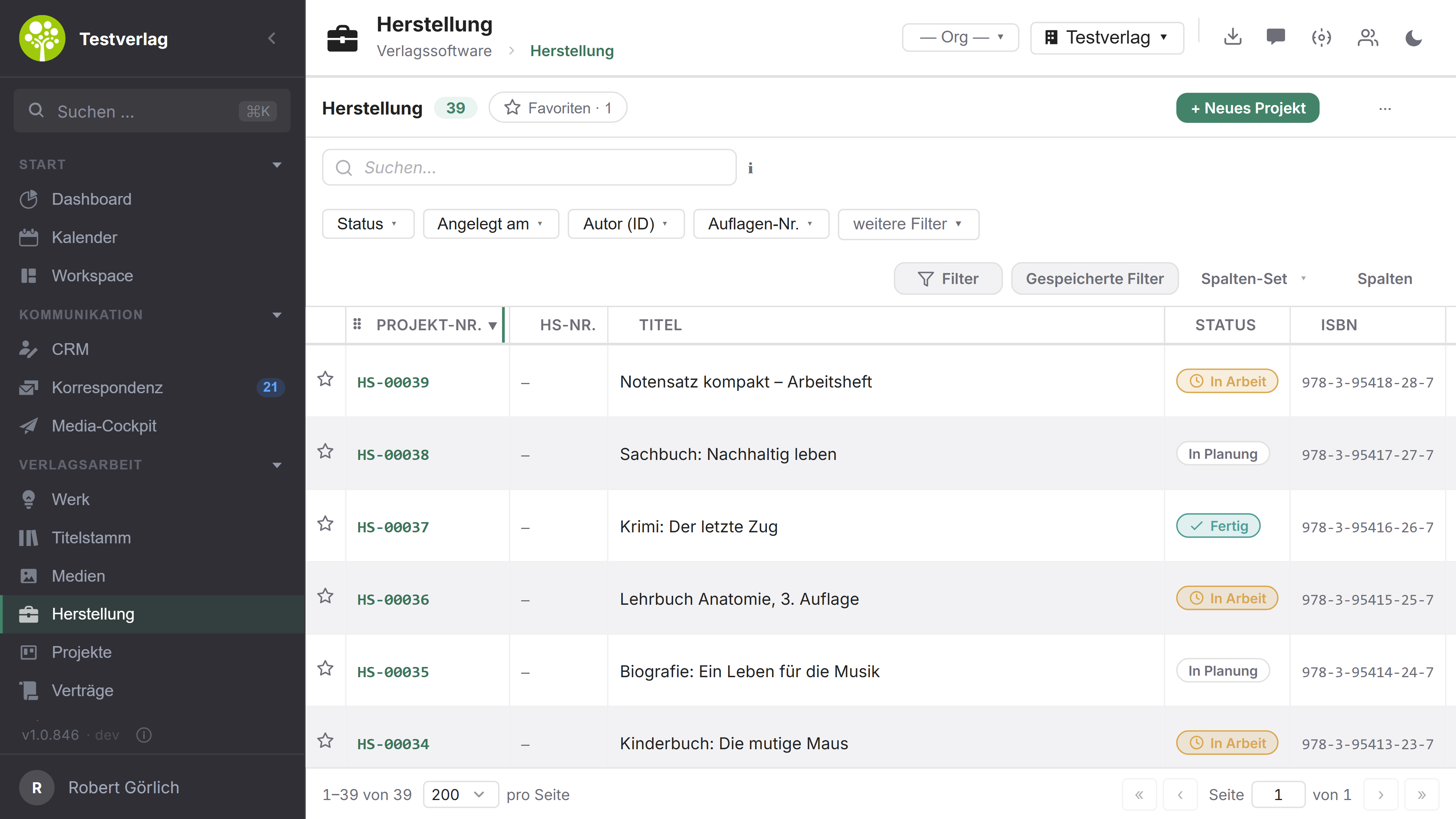 Modul Herstellung in open.junixx: Projektliste mit Projekt-Nummer, Titel, Status, ISBN und Filtern