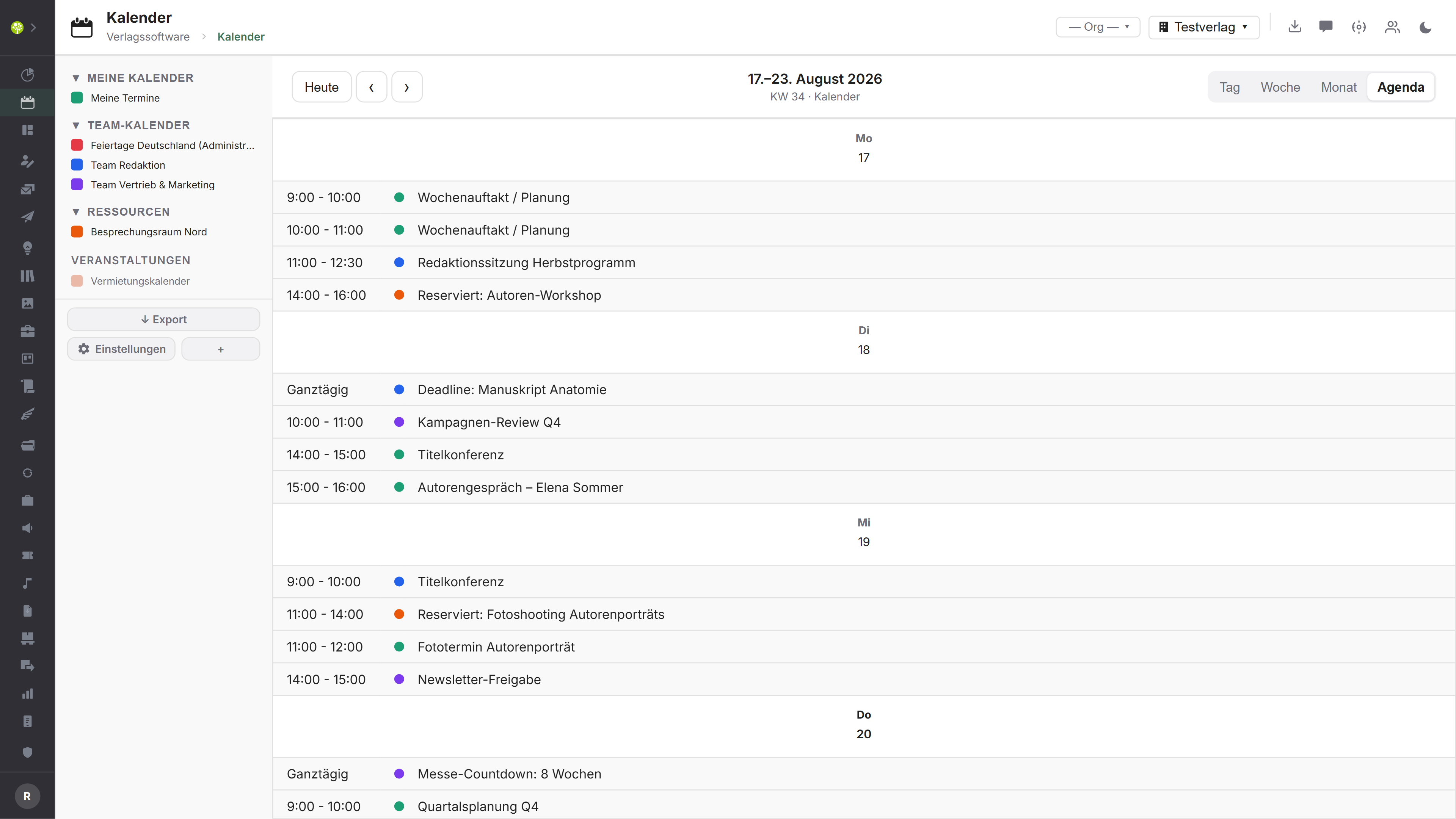Modul Kalender in open.junixx: Agenda-Ansicht mit den Terminen des Zeitraums nach Tag und Uhrzeit als Liste