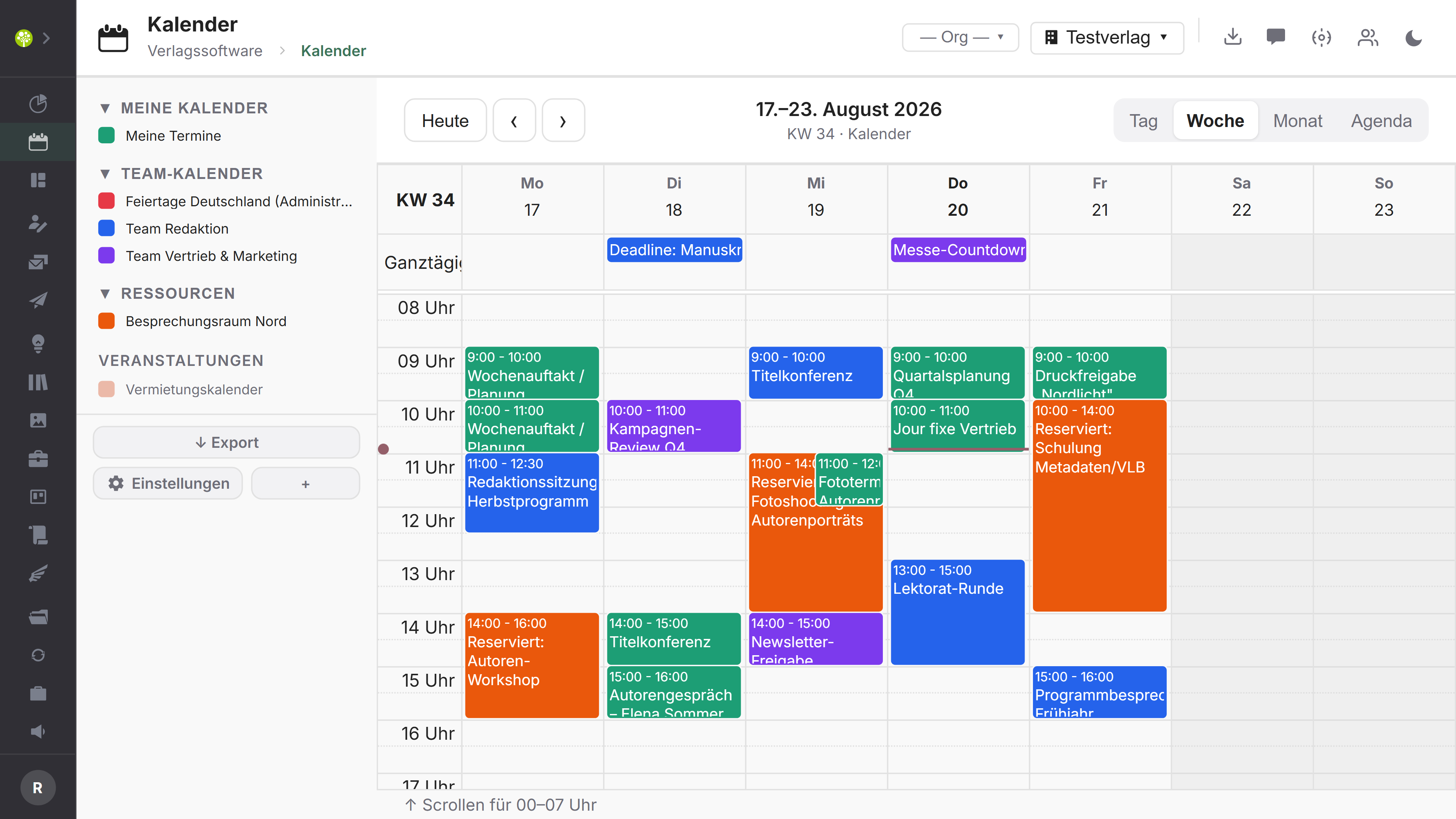 Modul Kalender in open.junixx: Wochenansicht mit Terminen in Kalenderfarben und Seitenleiste mit Kalendergruppen