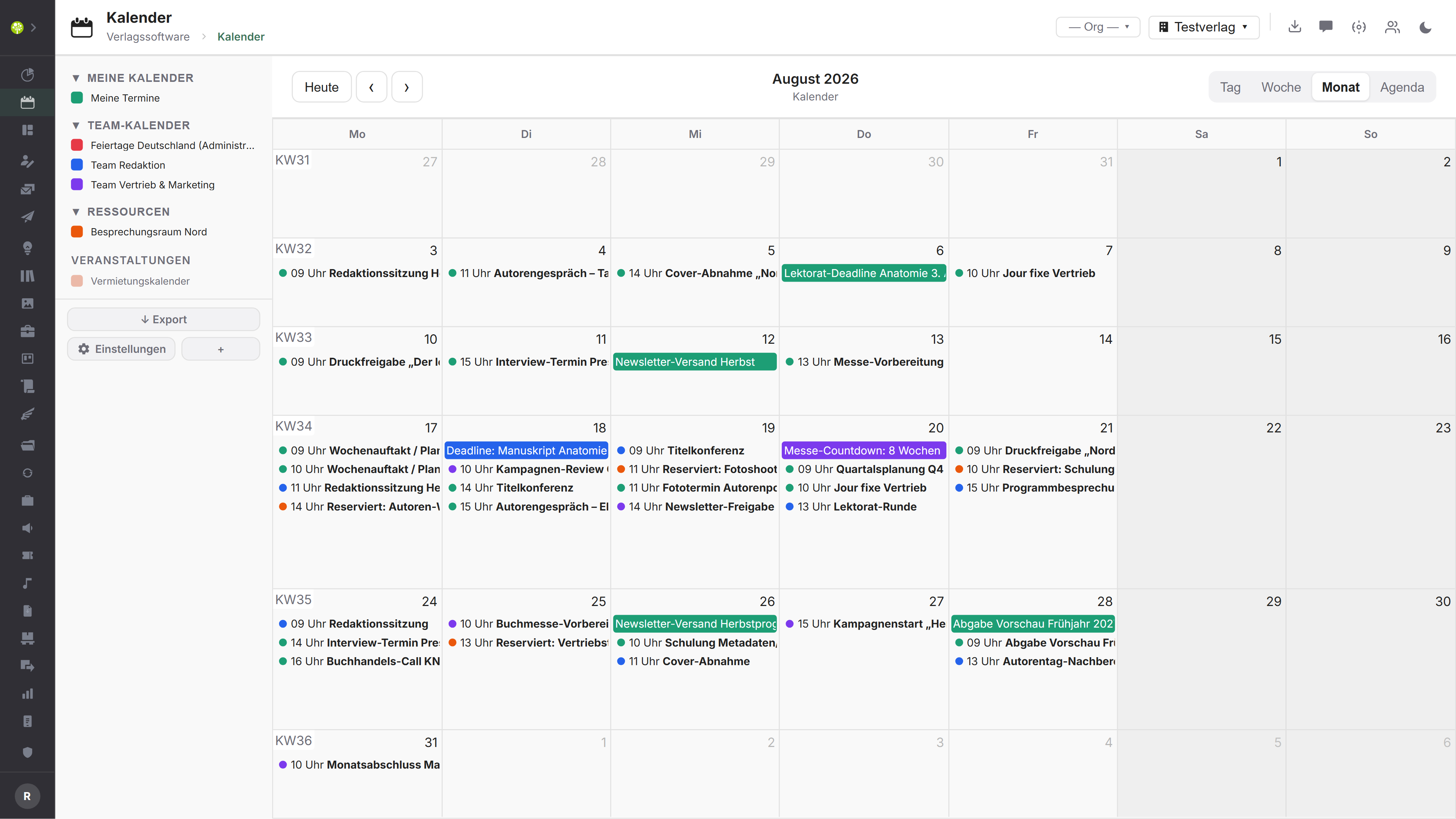 Modul Kalender in open.junixx: Monatsansicht mit Kalenderwochen, Terminen je Tag und ganztägigen Einträgen als Balken