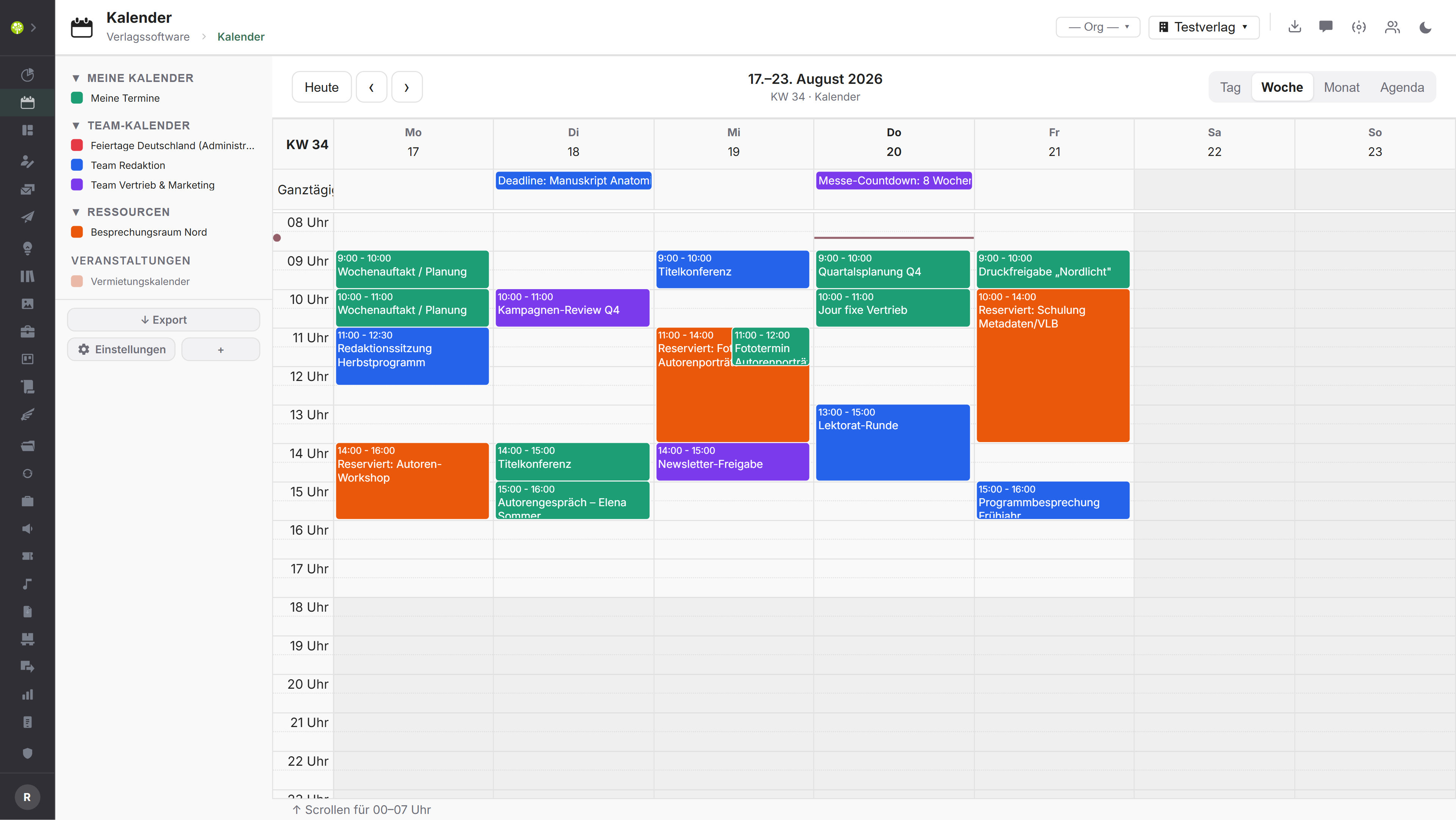 Modul Kalender in open.junixx: Wochenansicht mit Terminen in Kalenderfarben, ganztägigen Einträgen und Seitenleiste mit Kalendergruppen