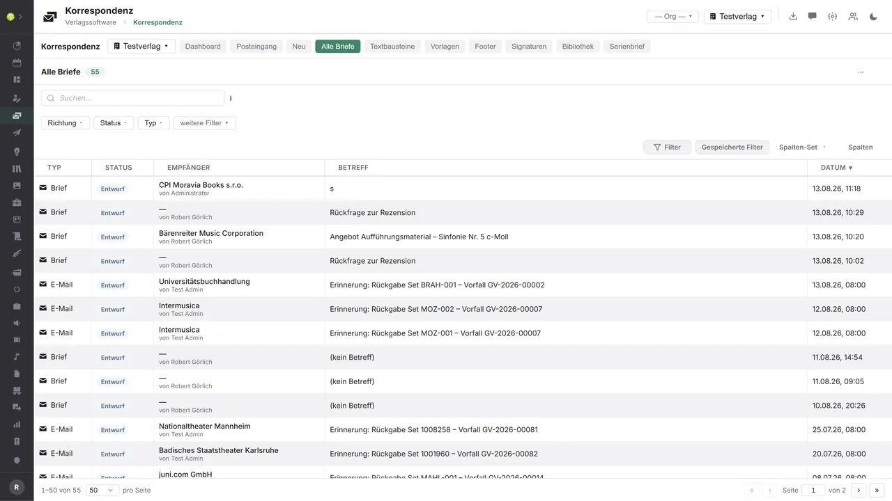 Modul korespondence v&nbsp;open.junixx: seznam všech dopisů a&nbsp;e-mailů s&nbsp;typem, stavem, příjemcem, předmětem a&nbsp;datem