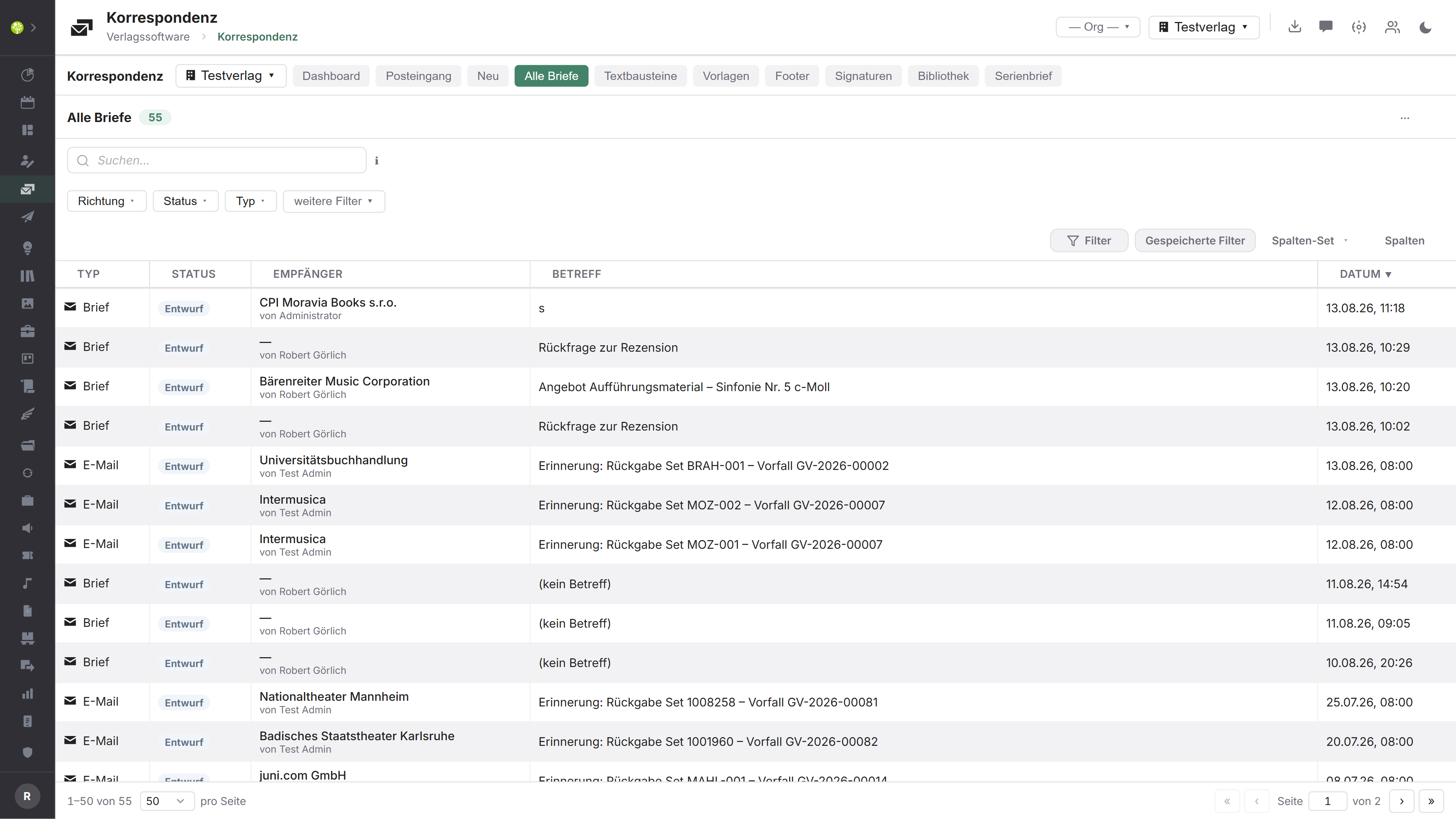 Modul Korrespondenz in open.junixx: Liste aller Briefe und E-Mails mit Typ, Status, Empfänger, Betreff und Datum