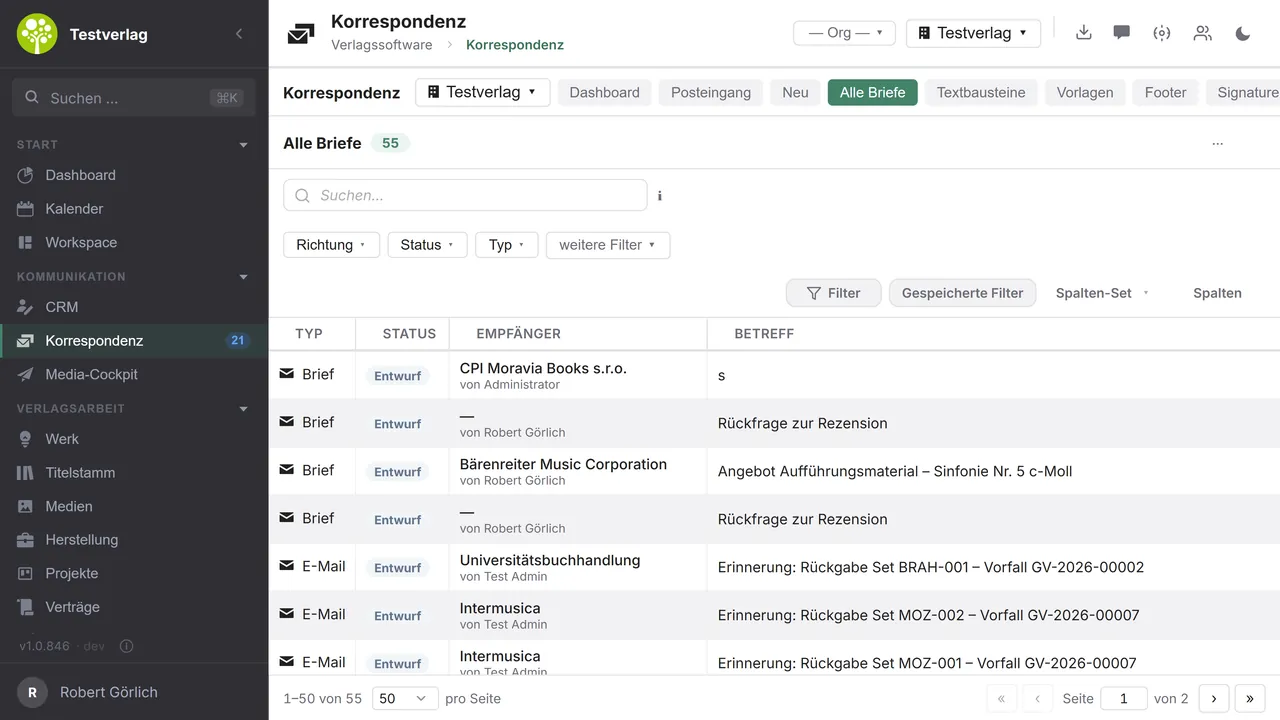 Modul korespondence v&nbsp;open.junixx: seznam všech dopisů a&nbsp;e-mailů s&nbsp;typem, stavem, příjemcem a&nbsp;předmětem