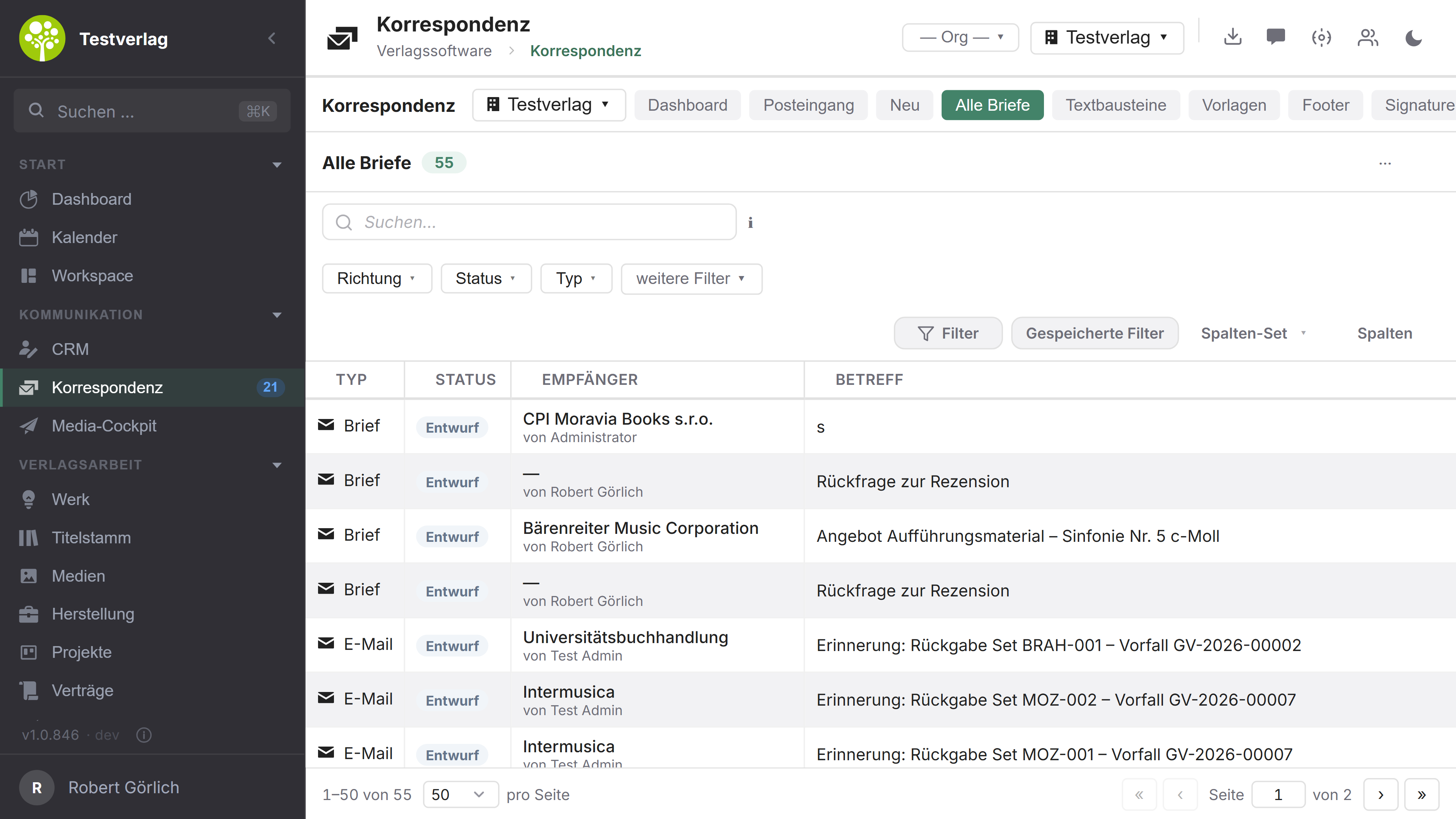 Modul Korrespondenz in open.junixx: Liste aller Briefe und E-Mails mit Typ, Status, Empfänger und Betreff