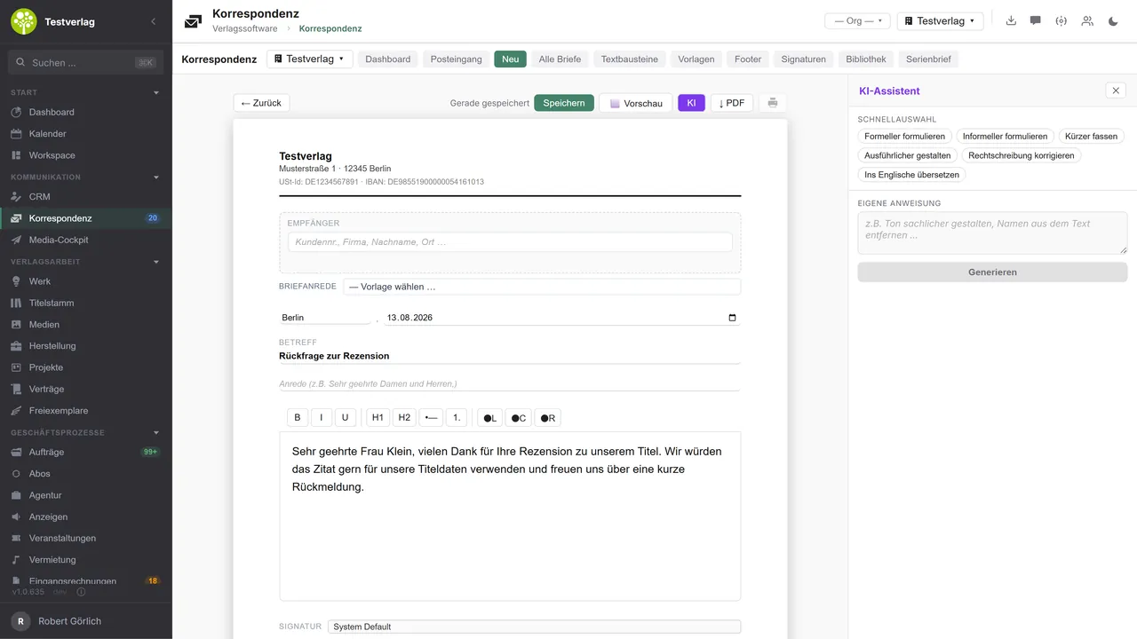 Modul korespondence v&nbsp;open.junixx: editor dopisu s&nbsp;hlavičkou, příjemcem, předmětem a&nbsp;textem, vpravo asistent AI s&nbsp;předvolbami