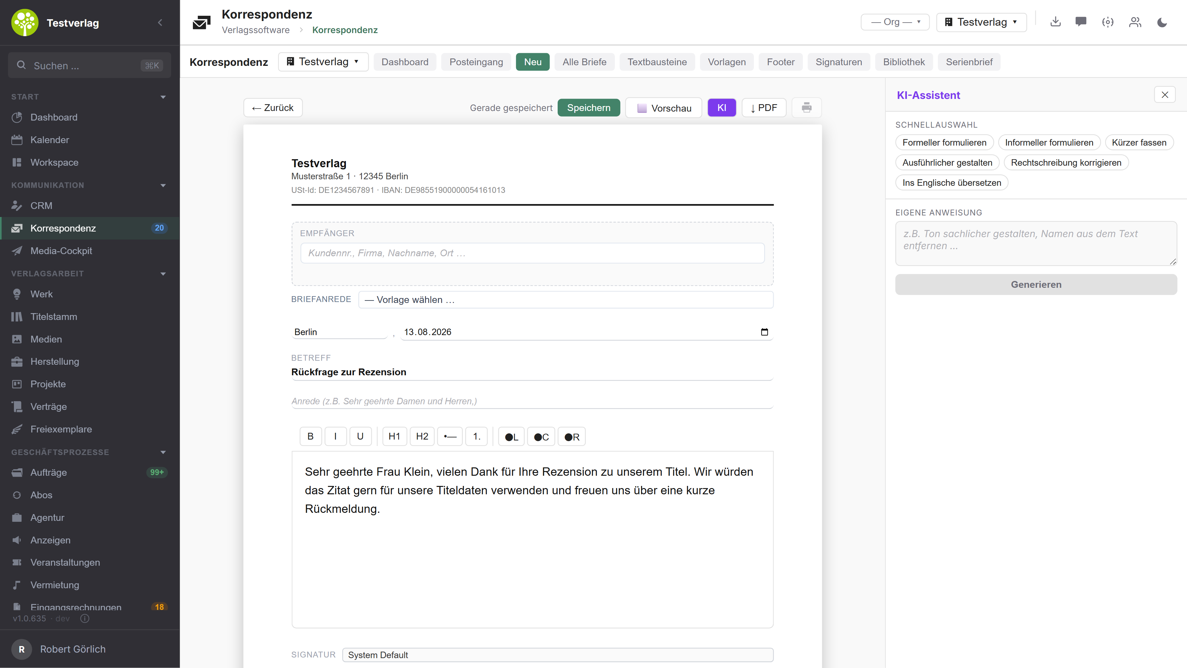 Modul Korrespondenz in open.junixx: Brief-Editor mit Briefkopf, Empfänger, Betreff und Text, rechts der KI-Assistent mit Voreinstellungen