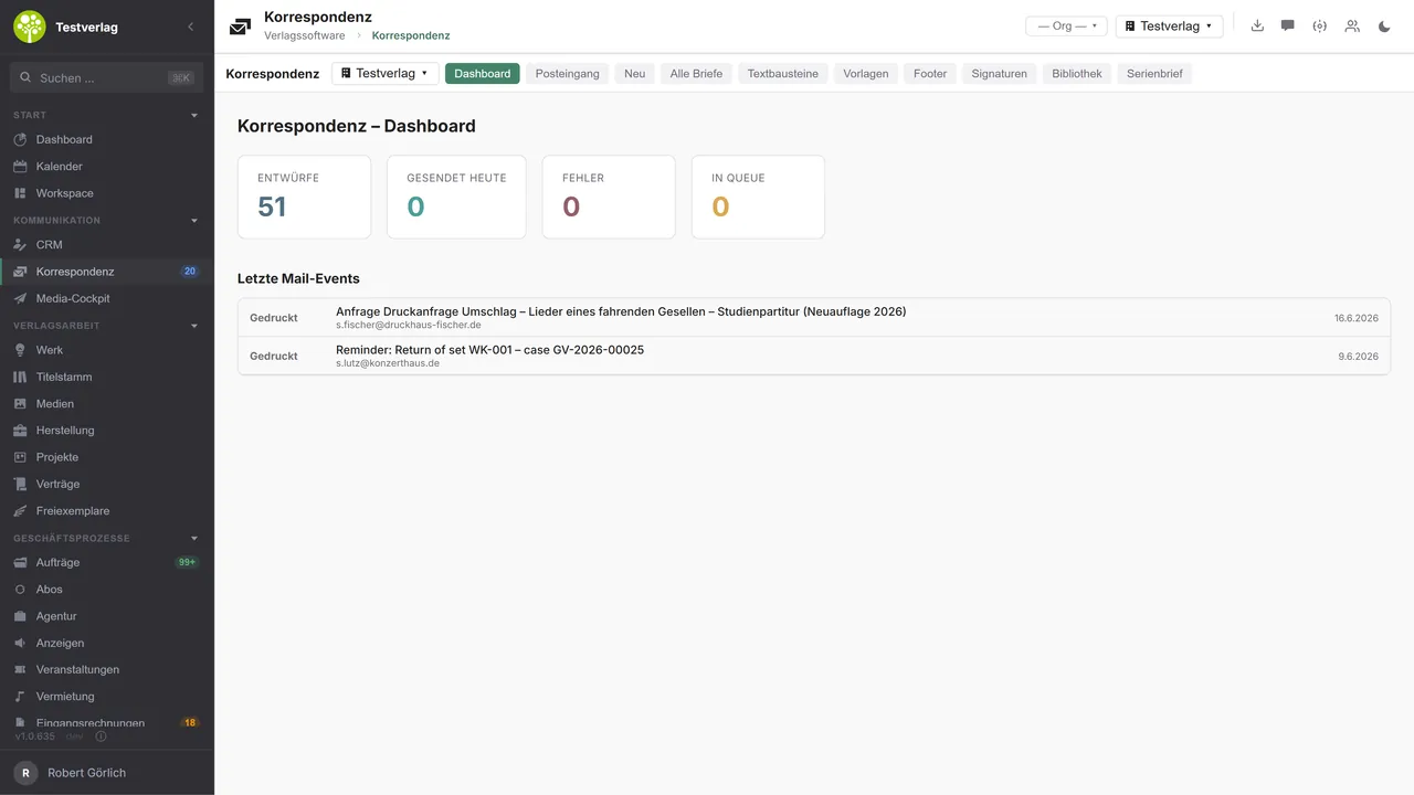Modul korespondence v&nbsp;open.junixx: dashboard s&nbsp;ukazateli k&nbsp;návrhům, odeslaným zprávám, chybám a&nbsp;čekací frontě a&nbsp;s&nbsp;posledními e-mailovými událostmi