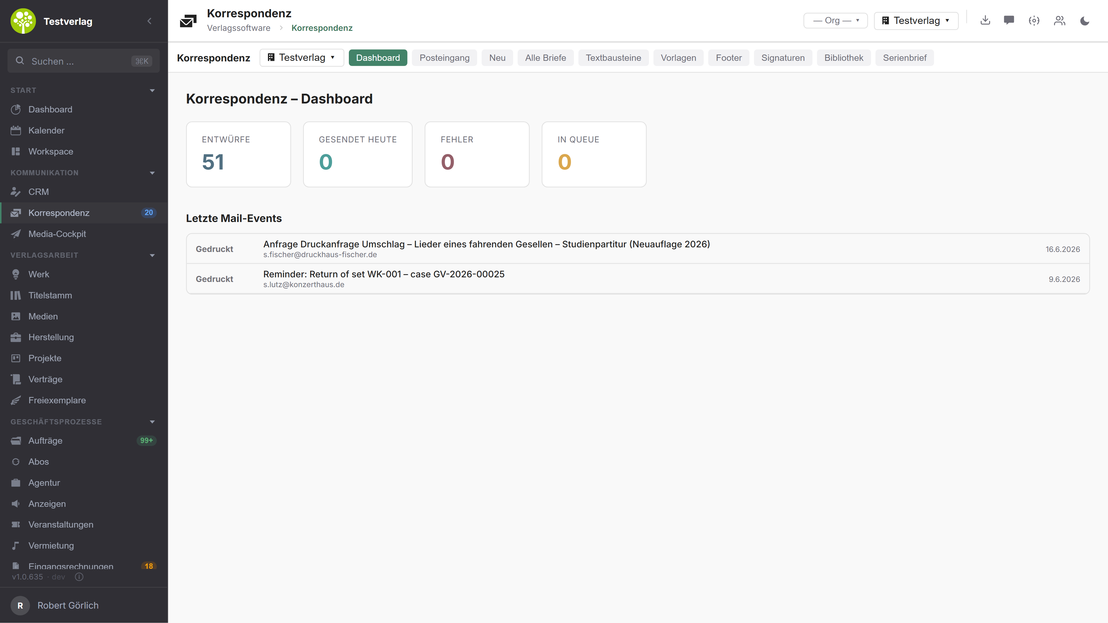 Modul Korrespondenz in open.junixx: Dashboard mit Kennzahlen zu Entwürfen, gesendeten Nachrichten, Fehlern und Warteschlange sowie den letzten Mail-Ereignissen