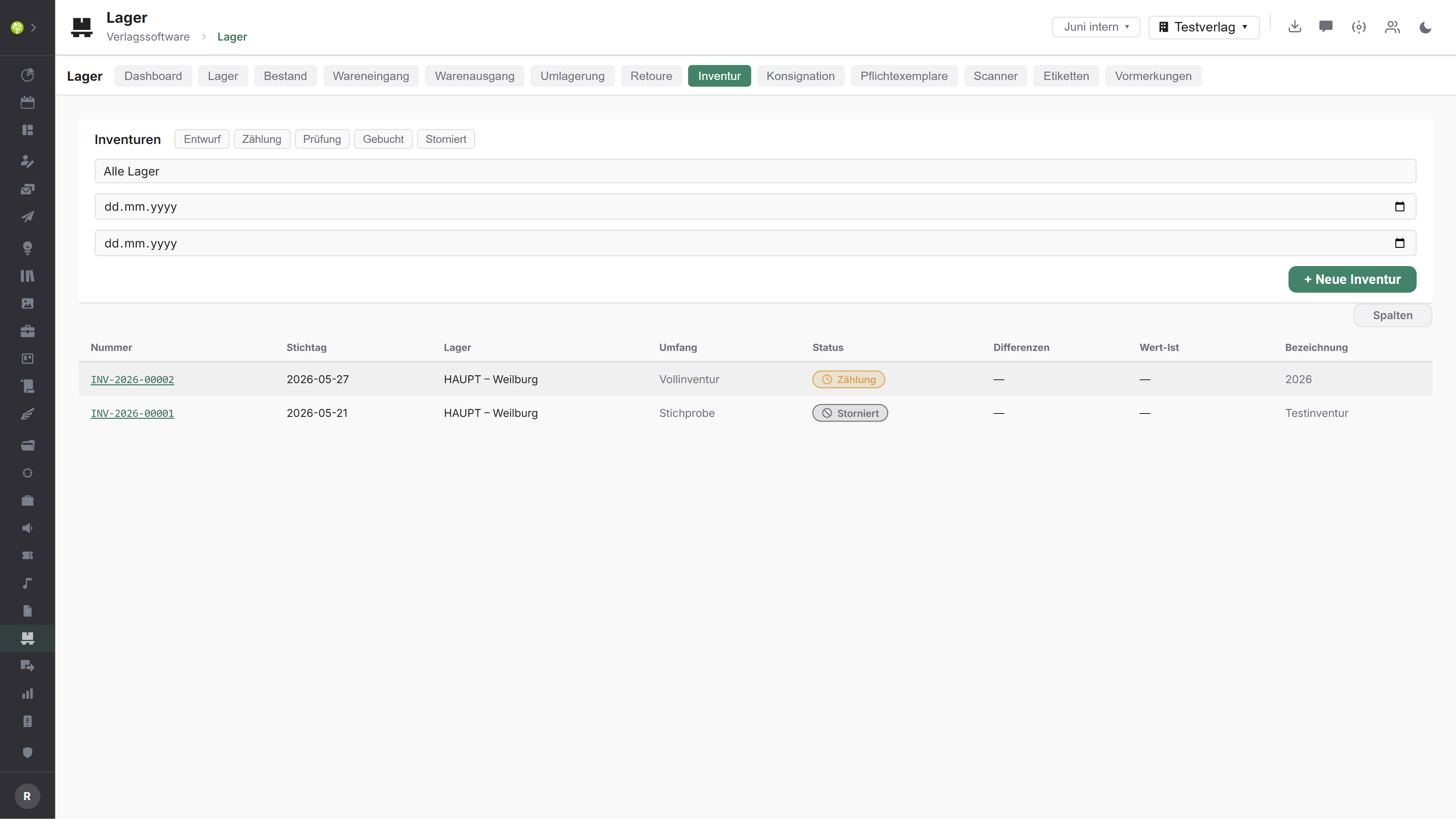 Modul Lager in open.junixx: Inventurliste mit Nummer, Stichtag, Lager, Umfang, Status, Differenzen und Wert-Ist