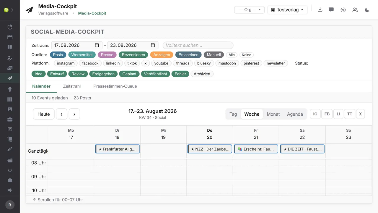 Modulo Media Cockpit in open.junixx: calendario con post social ed eventi di marketing e barra dei filtri