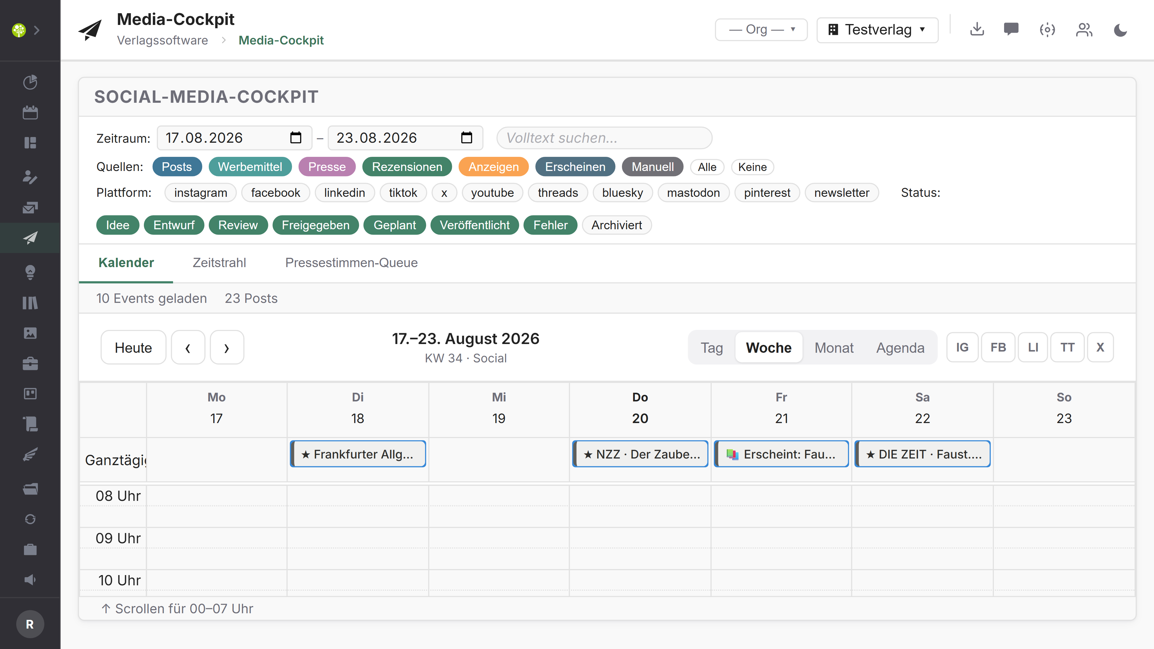 Modul Media-Cockpit in open.junixx: Kalender mit Social-Media-Beiträgen und Marketing-Ereignissen sowie Filterleiste