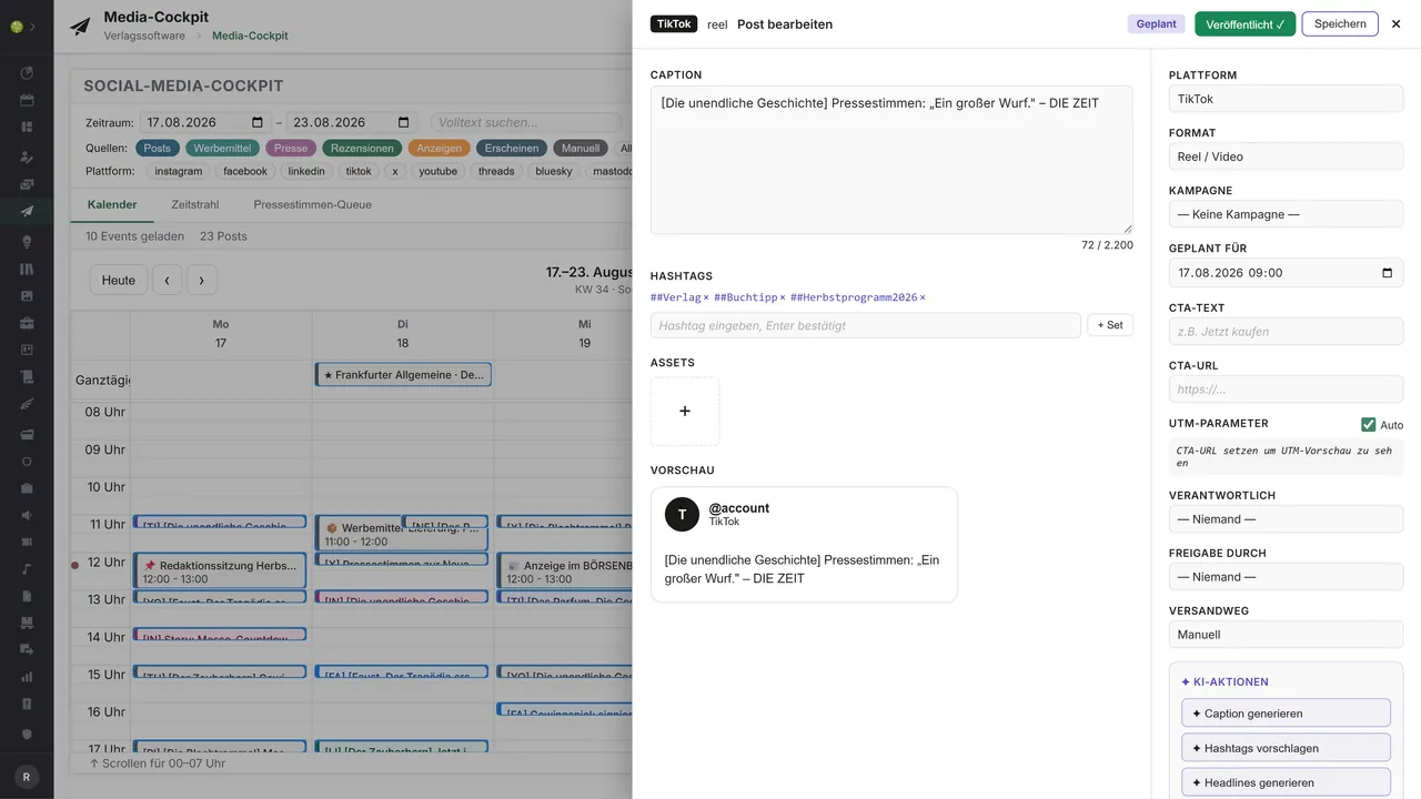 Modulo Media Cockpit in open.junixx: editor dei post con caption, hashtag, asset, anteprima e colonna destra per piattaforma, formato, data e azioni IA