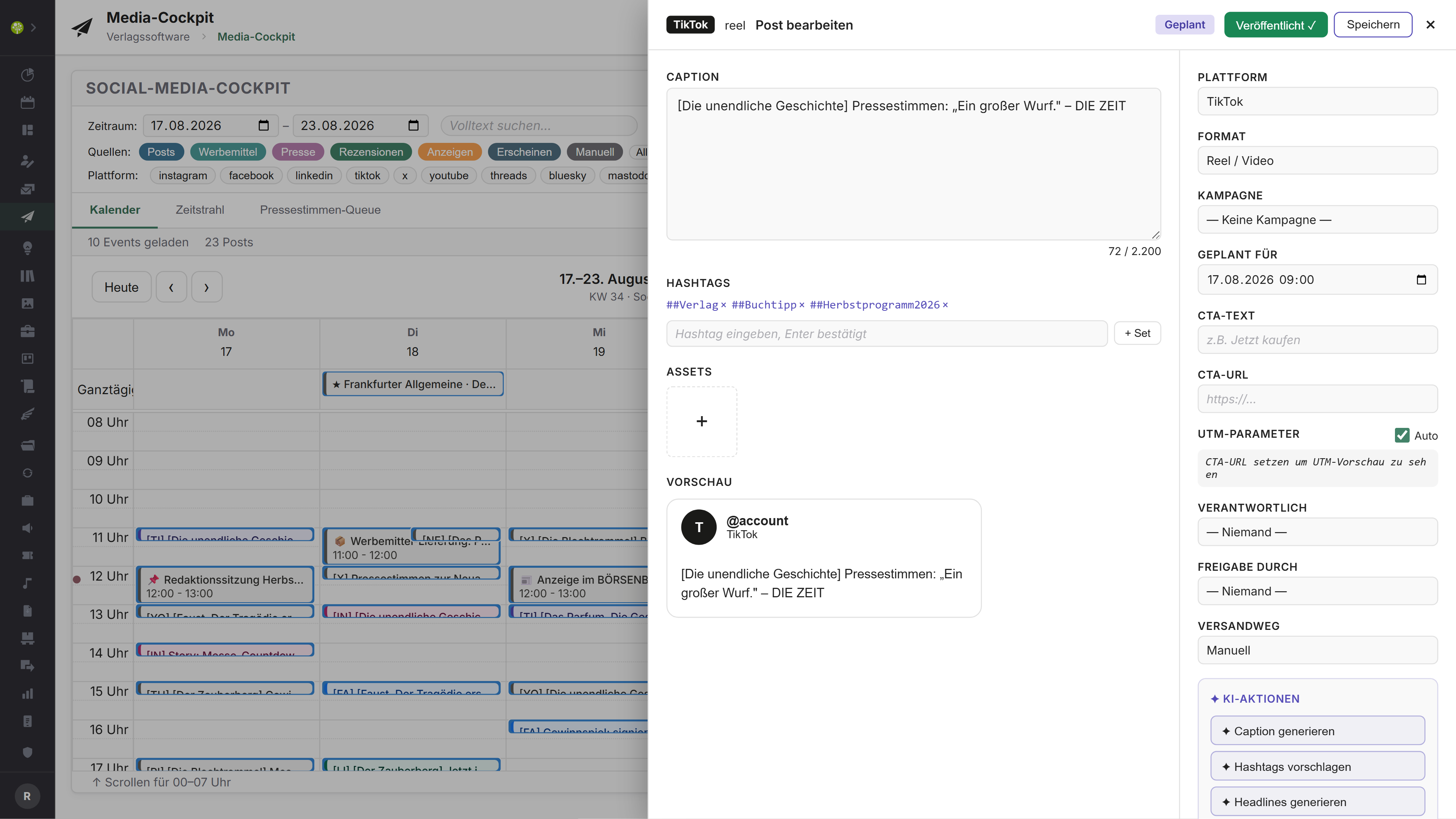 Modul Media-Cockpit in open.junixx: Post-Editor mit Caption, Hashtags, Assets, Vorschau und rechter Spalte für Plattform, Format, Termin und KI-Aktionen