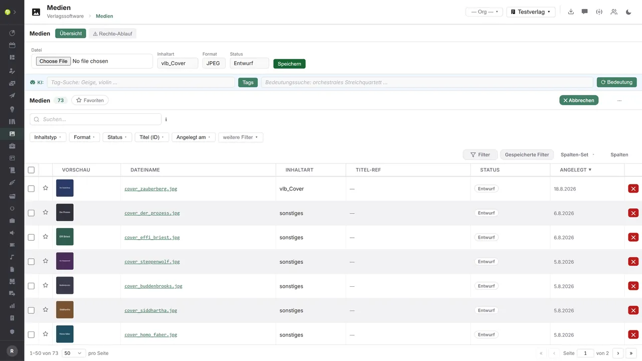 Modul Medien in open.junixx: Upload-Zeile über der Medienliste mit Datei, Inhaltart, Format und Status
