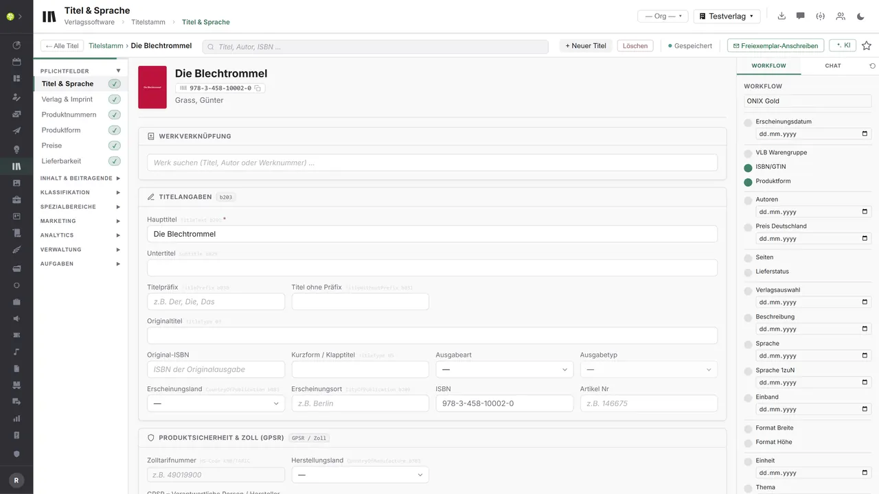 Modul Titelstamm in open.junixx: Detailansicht eines Titels mit Sektionsnavigation, Titelangaben samt ONIX-Feldcodes und Workflow-Panel