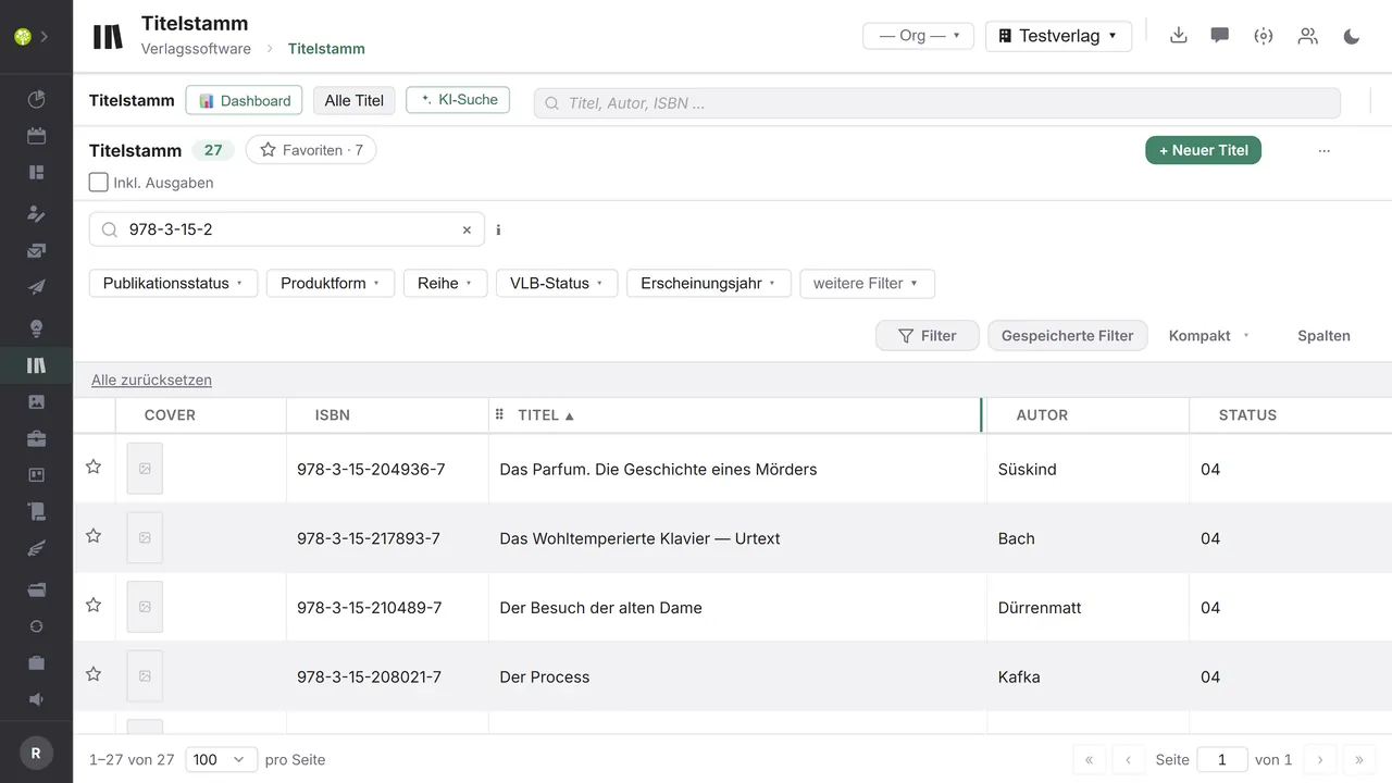 Module Référentiel titres dans open.junixx&nbsp;: liste des titres avec couverture, ISBN, titre, auteur et statut, ainsi que filtres et recherche par IA