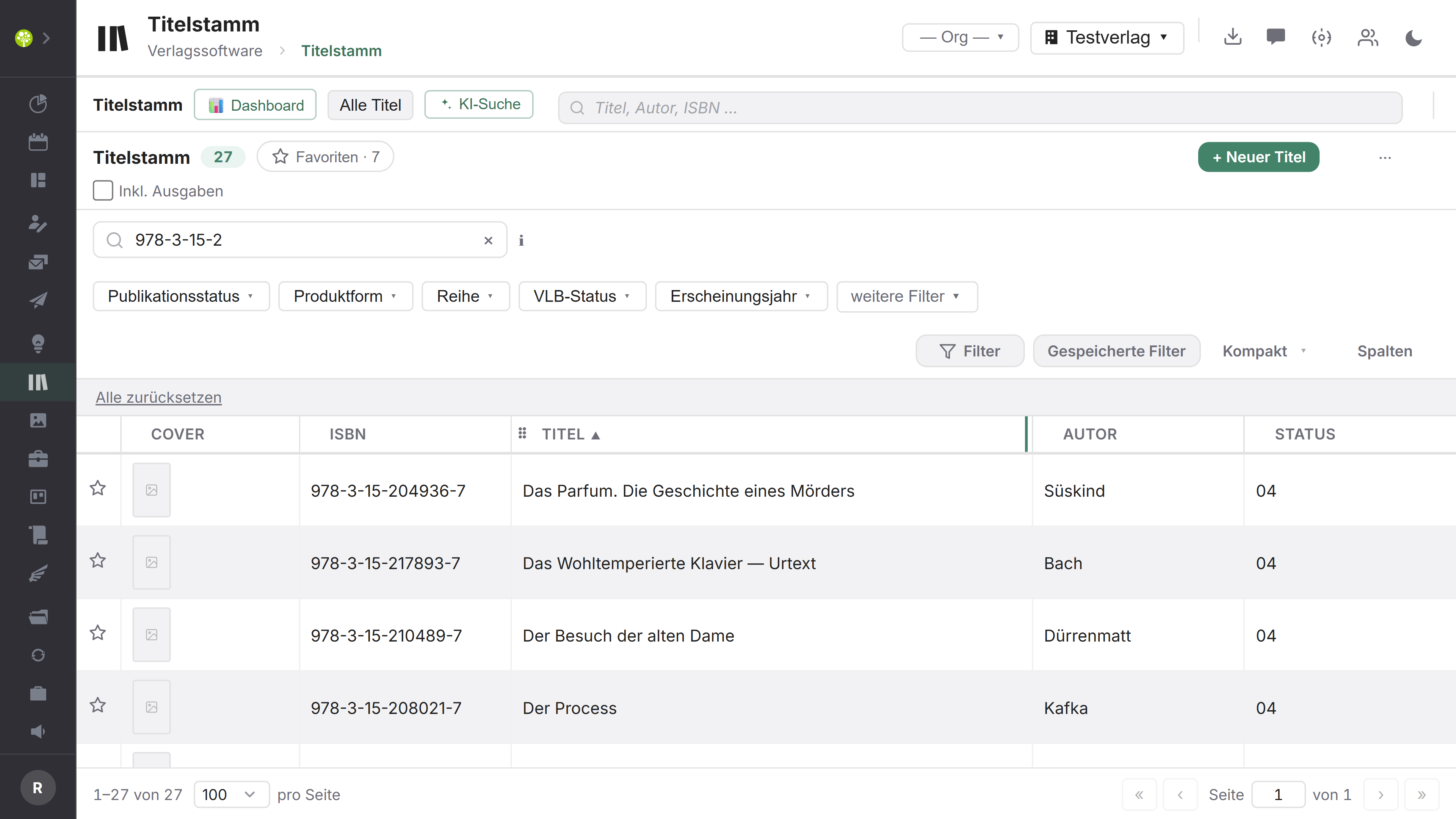 Modul Titelstamm in open.junixx: Titelliste mit Cover, ISBN, Titel, Autor und Status sowie Filtern und KI-Suche