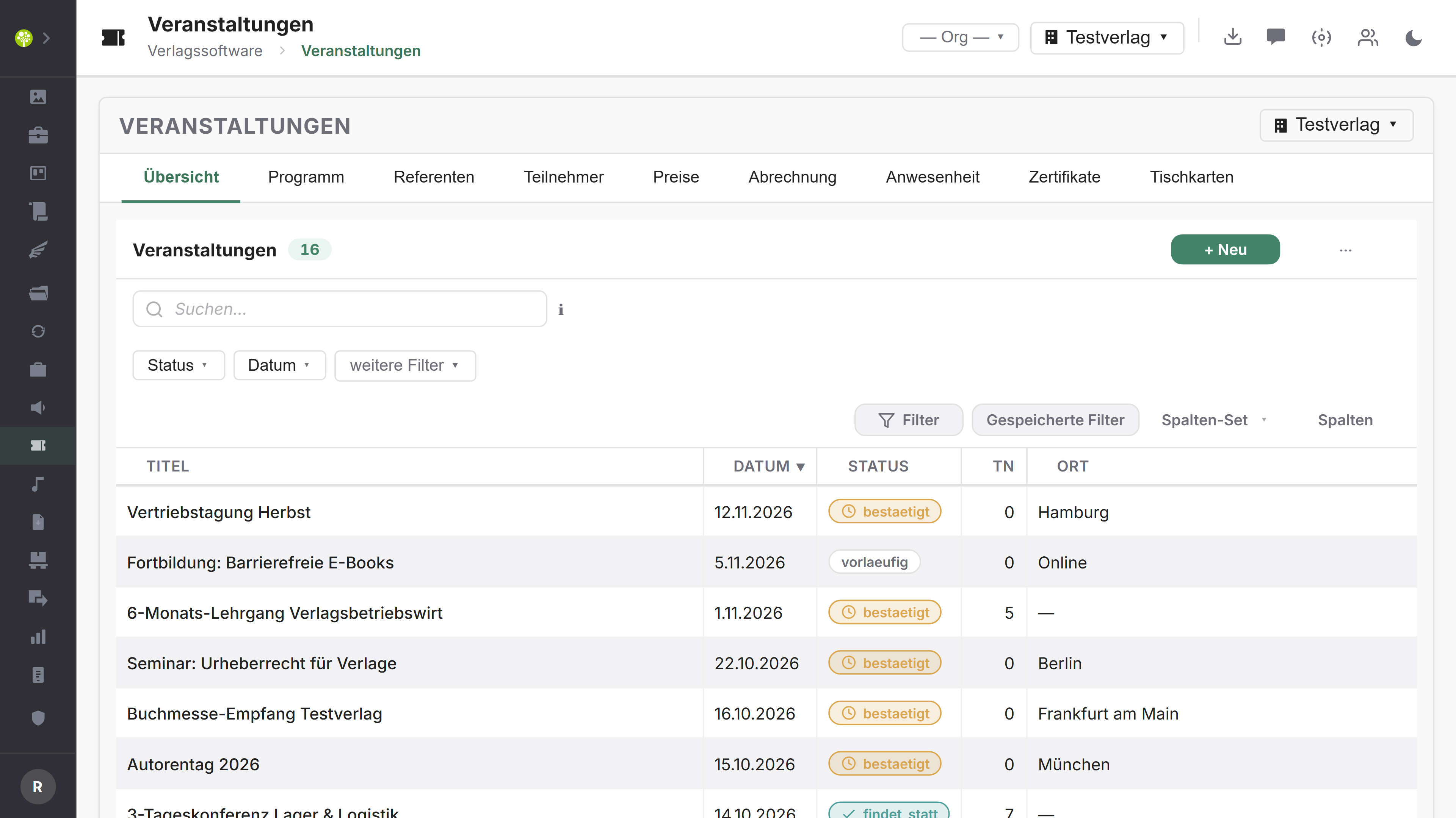 Modul Veranstaltungen in open.junixx: Übersicht der Veranstaltungen mit Titel, Datum, Status und Teilnehmerzahl