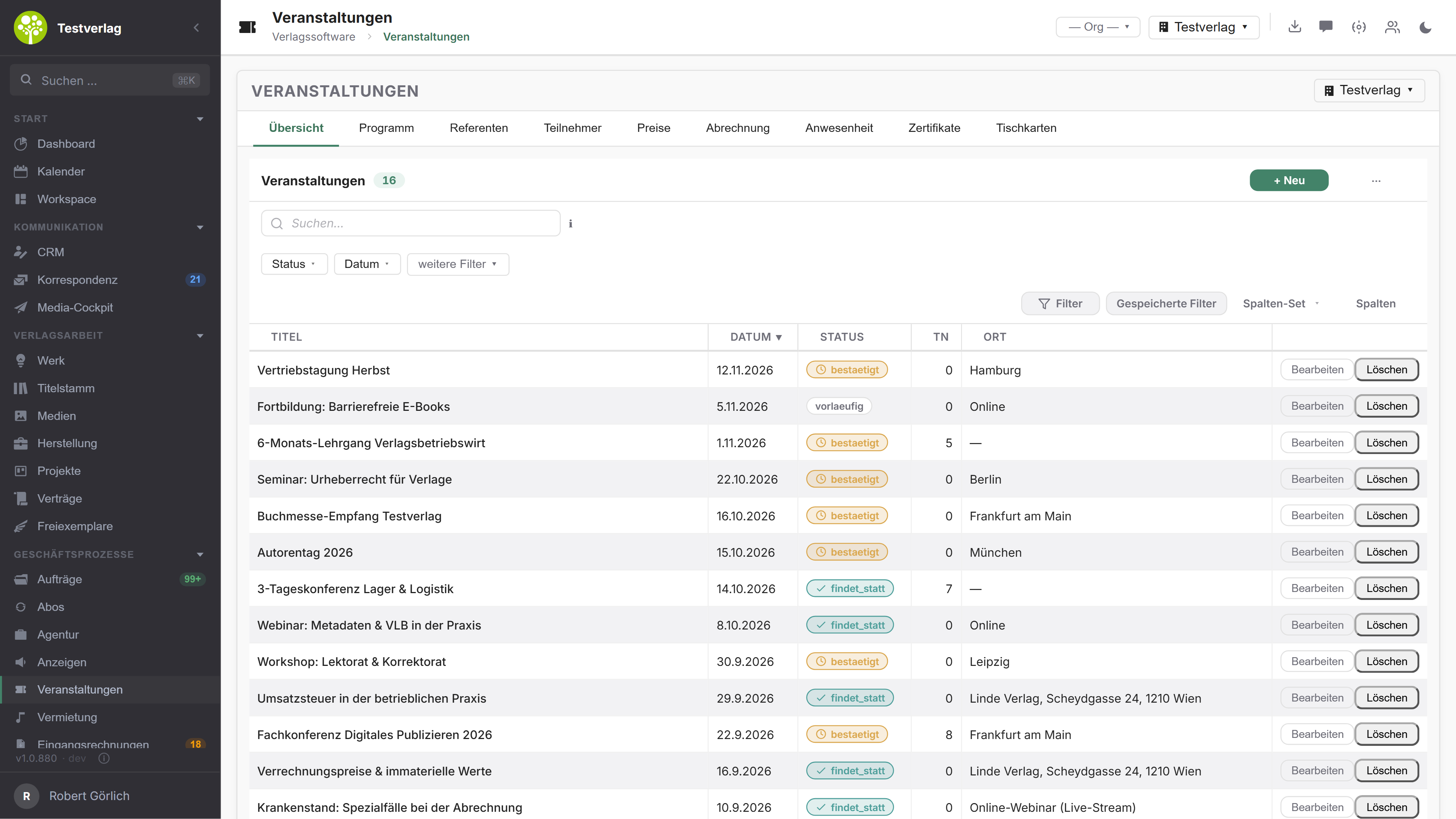 Modul Veranstaltungen in open.junixx: Liste aller Veranstaltungen mit Titel, Datum, Status, Teilnehmerzahl und Ort, darüber Suche und Filter