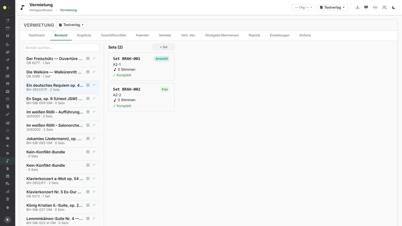 Modul Vermietung in open.junixx: Bundle-Liste mit Artikelnummer und Set-Anzahl, daneben die Sets mit Zustand und Vollständigkeit
