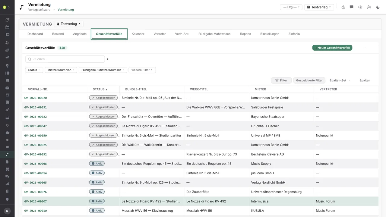 Modul Vermietung in open.junixx: Liste der Geschäftsvorfälle mit Nummer, Status, Bundle, Werk, Mieter und Vertreter