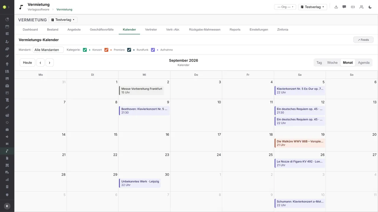 Modul Vermietung in open.junixx: Kalender der Aufführungstermine mit Kategorien Konzert, Premiere, Rundfunk und Aufnahme