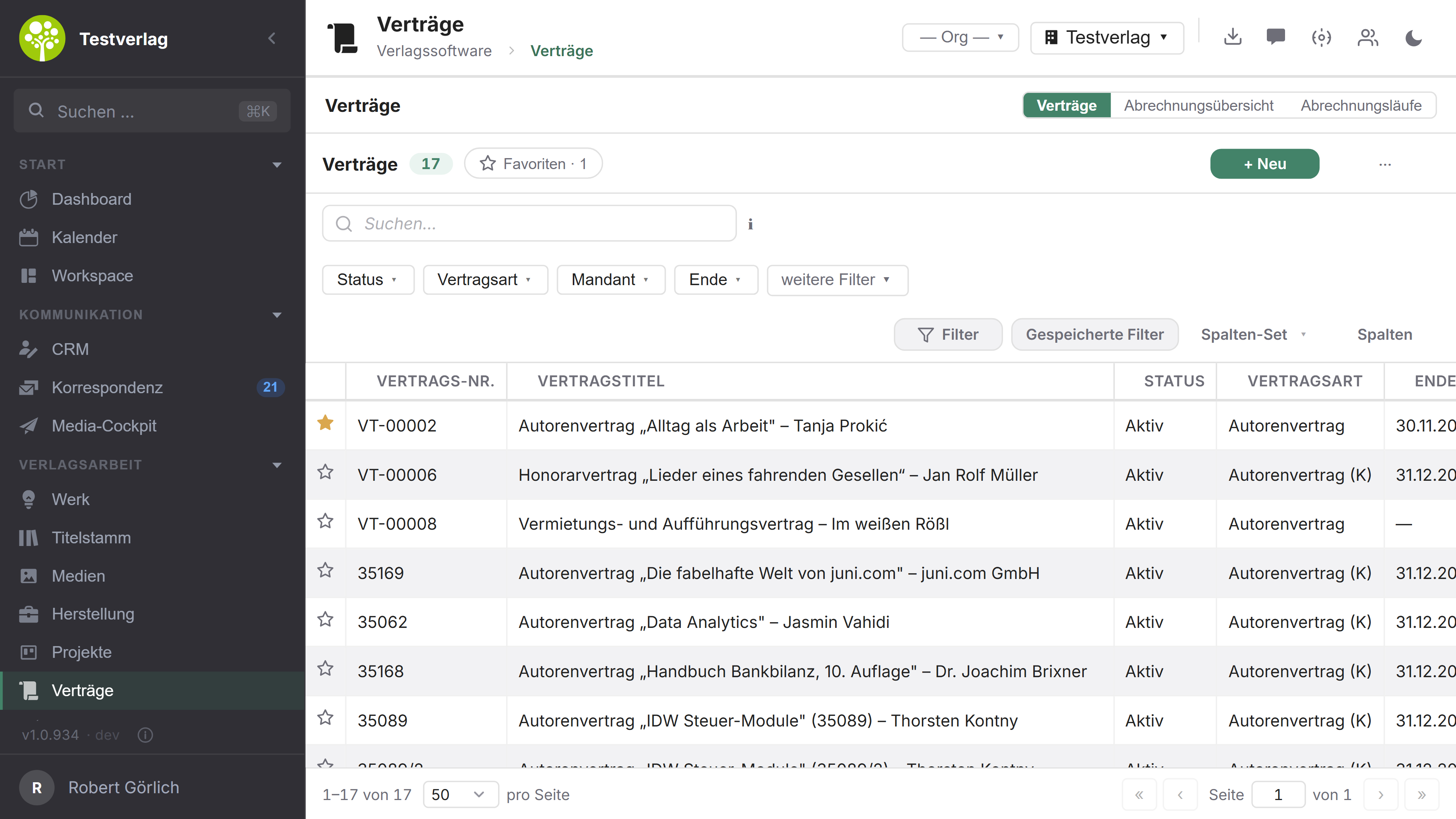 Modul Verträge in open.junixx: Vertragsliste mit Vertragsnummer, Titel, Status, Vertragsart und Ende
