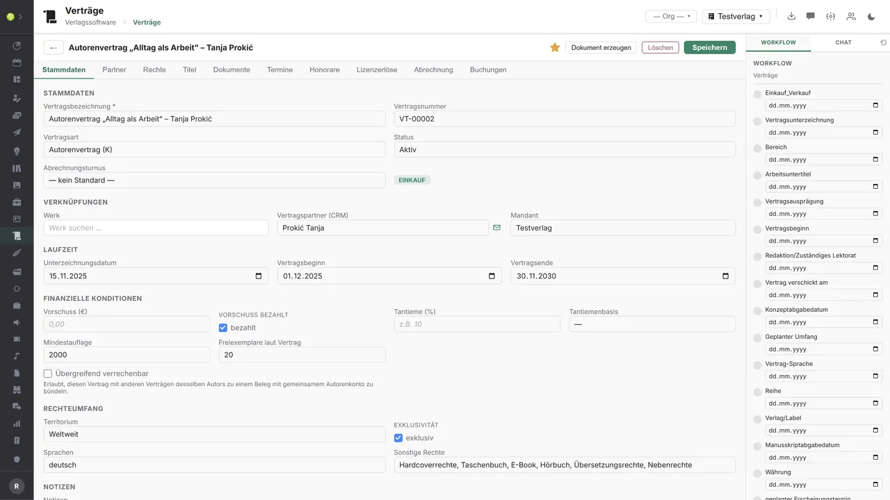Modul smlouvy v open.junixx: kmenová data smlouvy s dobou trvání, finančními podmínkami, rozsahem práv a panelem workflow