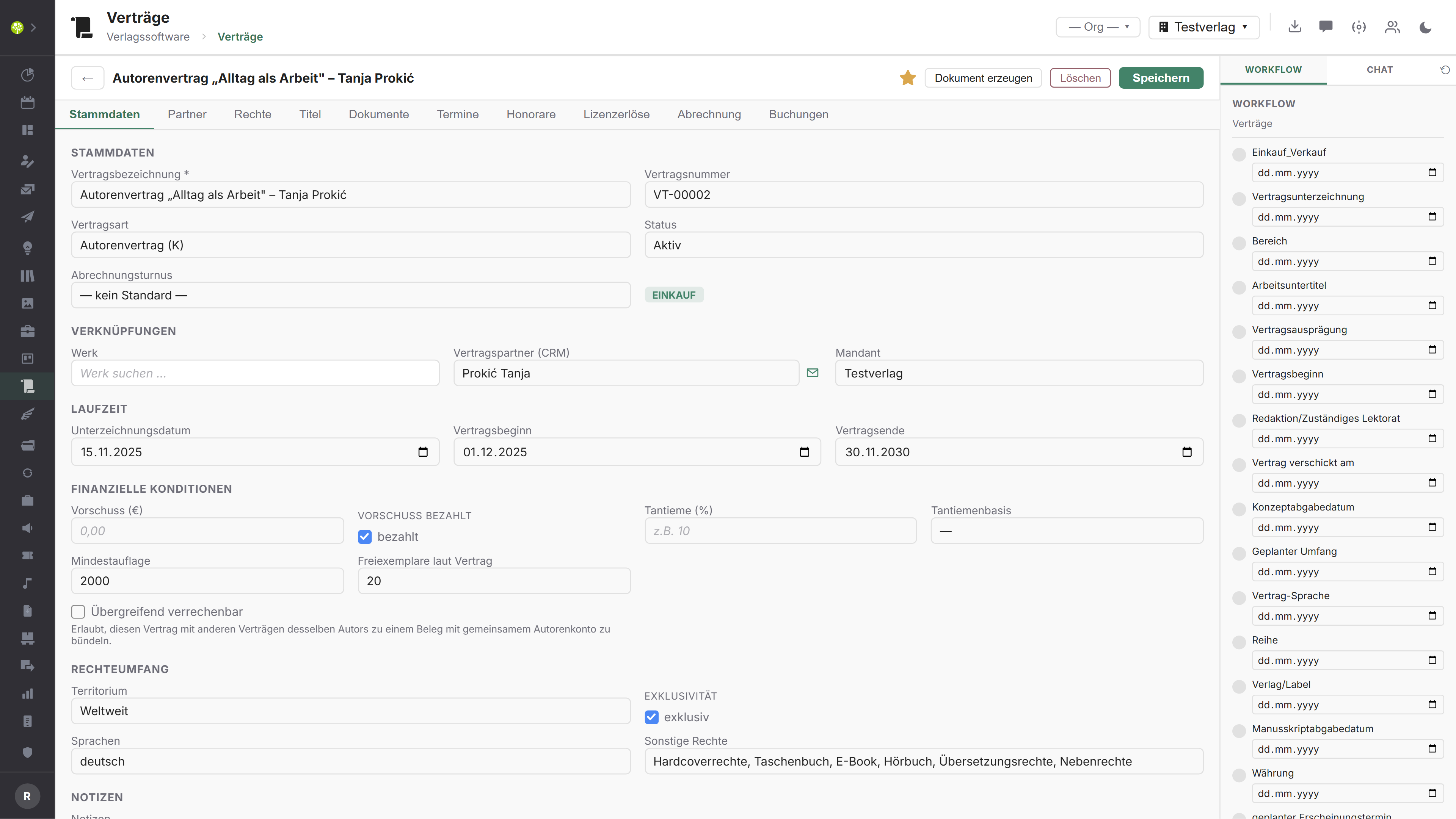 Modul Verträge in open.junixx: Stammdaten eines Vertrags mit Laufzeit, finanziellen Konditionen, Rechteumfang und Workflow-Panel