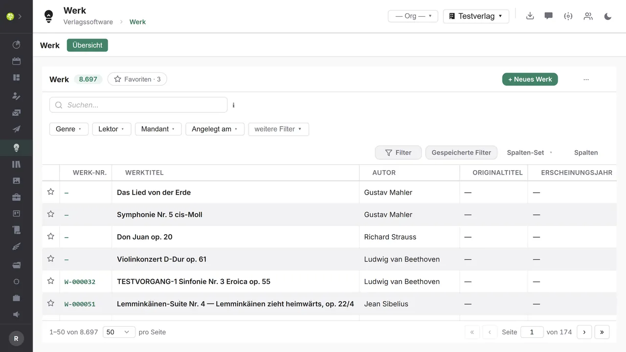 Module Werk in open.junixx: werklijst met werknummer, werktitel, auteur en filters